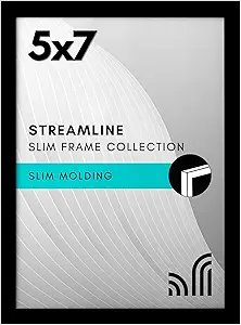Americanflat 5x7 Picture Frame with Shatter-Resistant Glass - Streamline Collection - Thin Border Photo Frame for Tabletop and Wall Display - Hanging Hardware and Easel Stand Included - Black