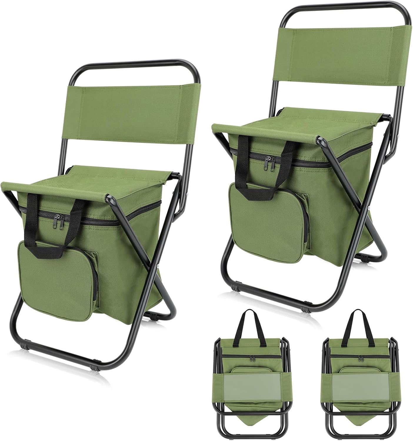SAN LIKE Fishing Chair with Cooler Bag - Lightweight Foldable Backpack Camping Stool for Outdoor Fishing Hunting Gear - Portable Insulated Cooler Pocket Design?2 Packs Green