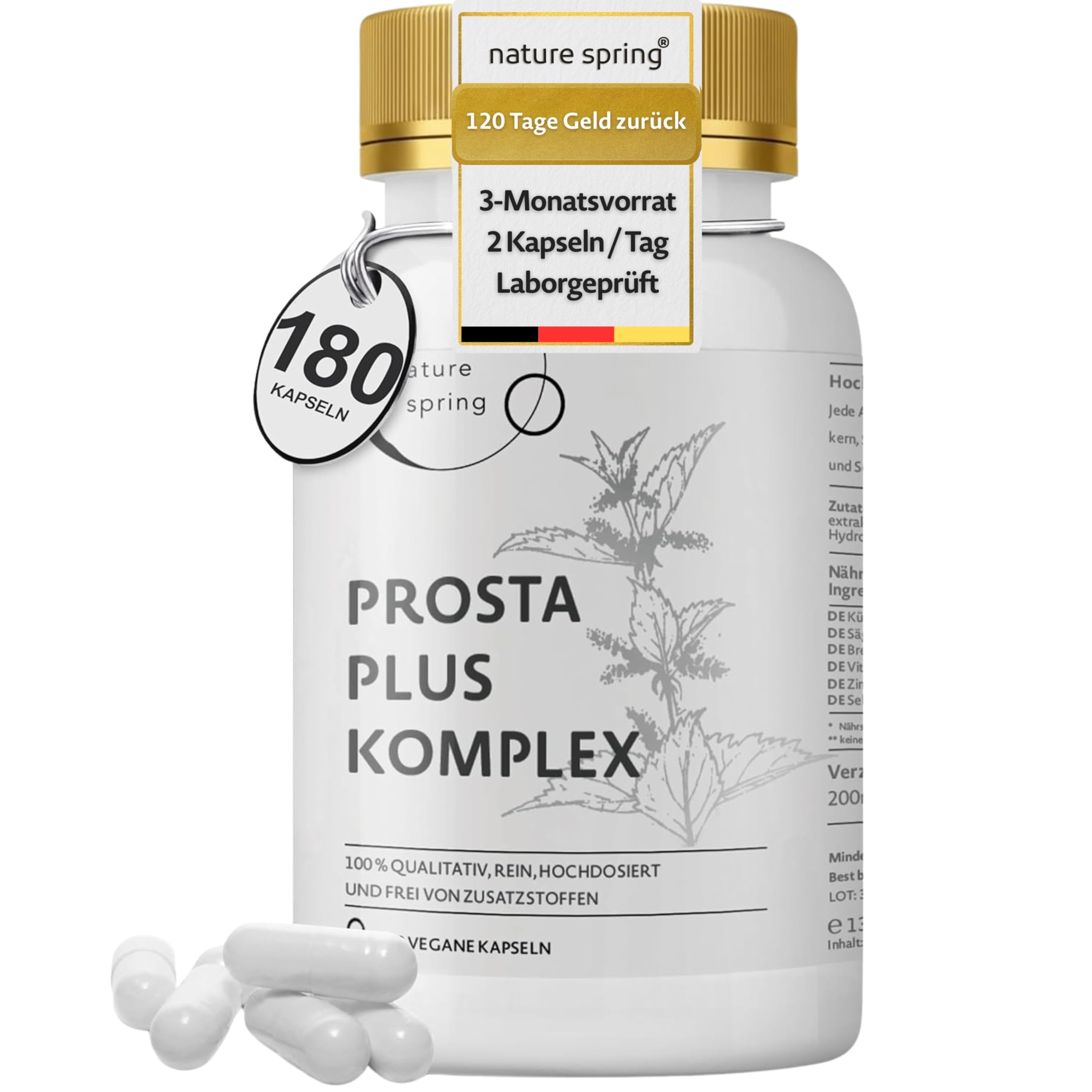Prosta Plus Komplex - 180 Prostata Kapseln hochdosiert - einzigartige Formel aus Kürbiskern-, Sägepalmen-, Brennnesselwurzelextrakt mit Zink, Vitamin E & Selen - geprüfte Prostata Komplex Kapseln