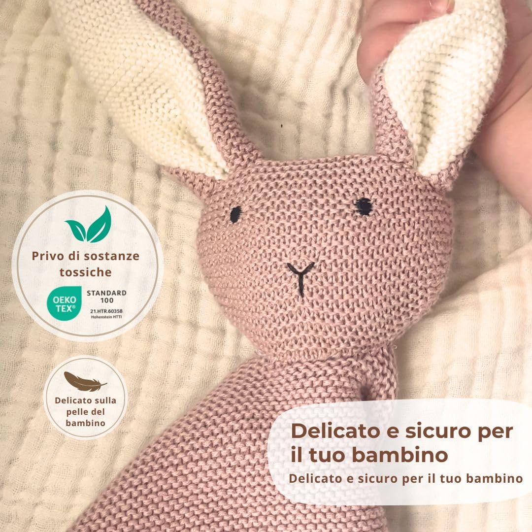 DIKOS® Doudou Neonato Coniglietto & Calzini Rosa Antico – Set Regalo Premium in Morbido Cotone Biologico Lavorato a Maglia (Oeko-TEX) – Copertina Coccole come Primo Peluche –Regalo Nascita Bimba
