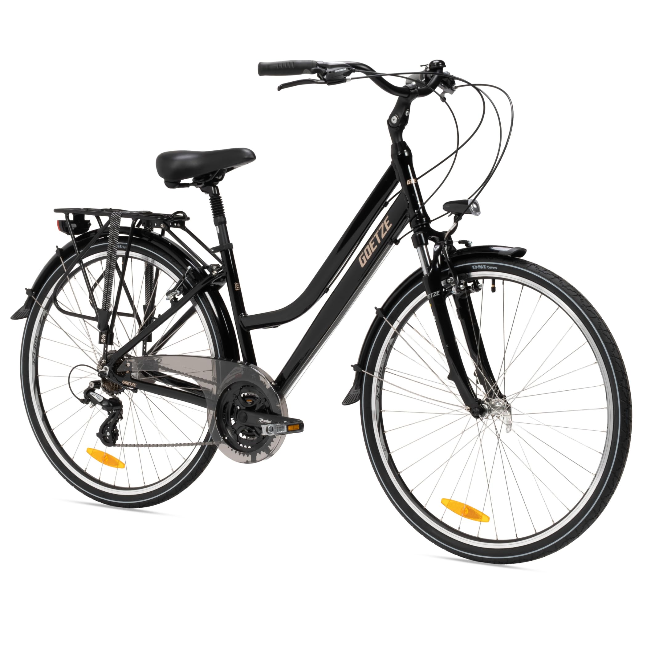 Goetze Picnic 28 Zoll Damen Trekkingrad, Aluminium Rahmen 17/19 Zoll, Shimano 21-Gang Schaltung, Federgabel, Verstellbarer Vorbau, Gefederte Sattelstütze, LED-Beleuchtung, Gepäckträger