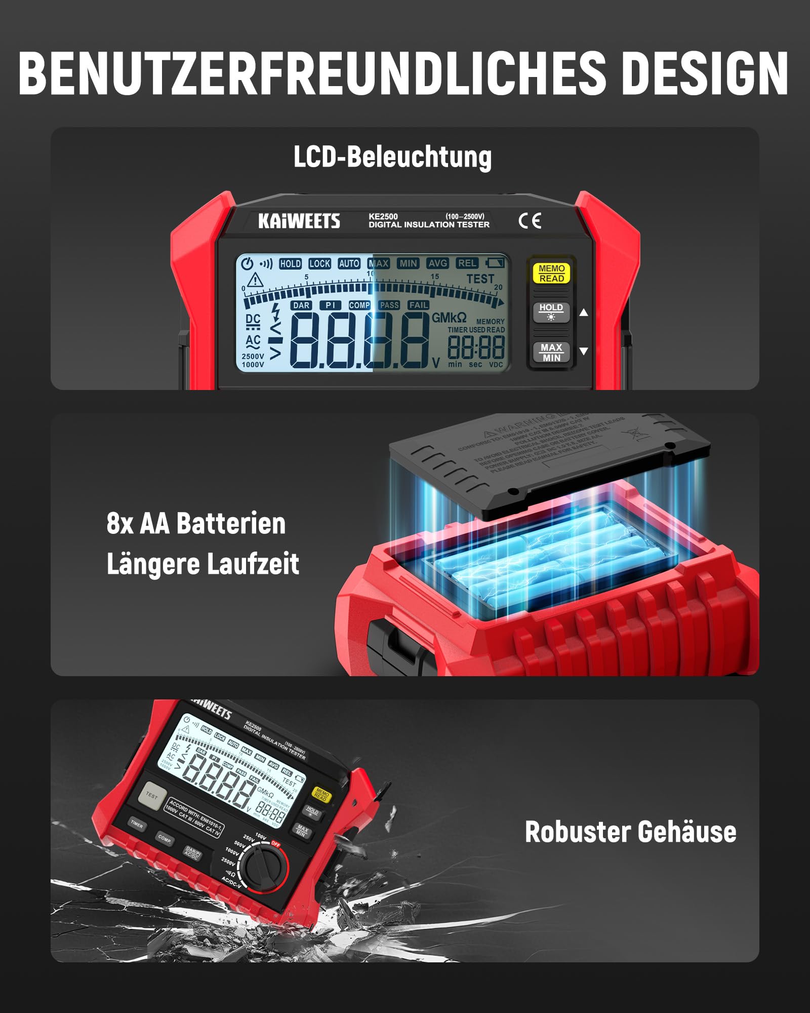 KAIWEETS Isolationswiderstandsmessgerät, bis zu 200 GΩ, Profi-Megohmmeter, 100 V/250 V/500 V/1000 V/2500 V, One-Touch-DAR/PI, misst Widerstand, Wechsel-/Gleichspannung für HLK, Motoren, Solar,