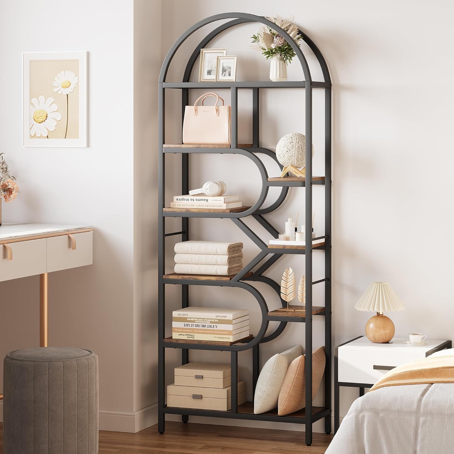 Regał z 6 poziomami łukowy design - 208 cm metal/MDF, 16 kg na podłogę - regulowane, otwarte półki do salonu/sypialni/biura (antypoślizgowy, łatwy montaż)
