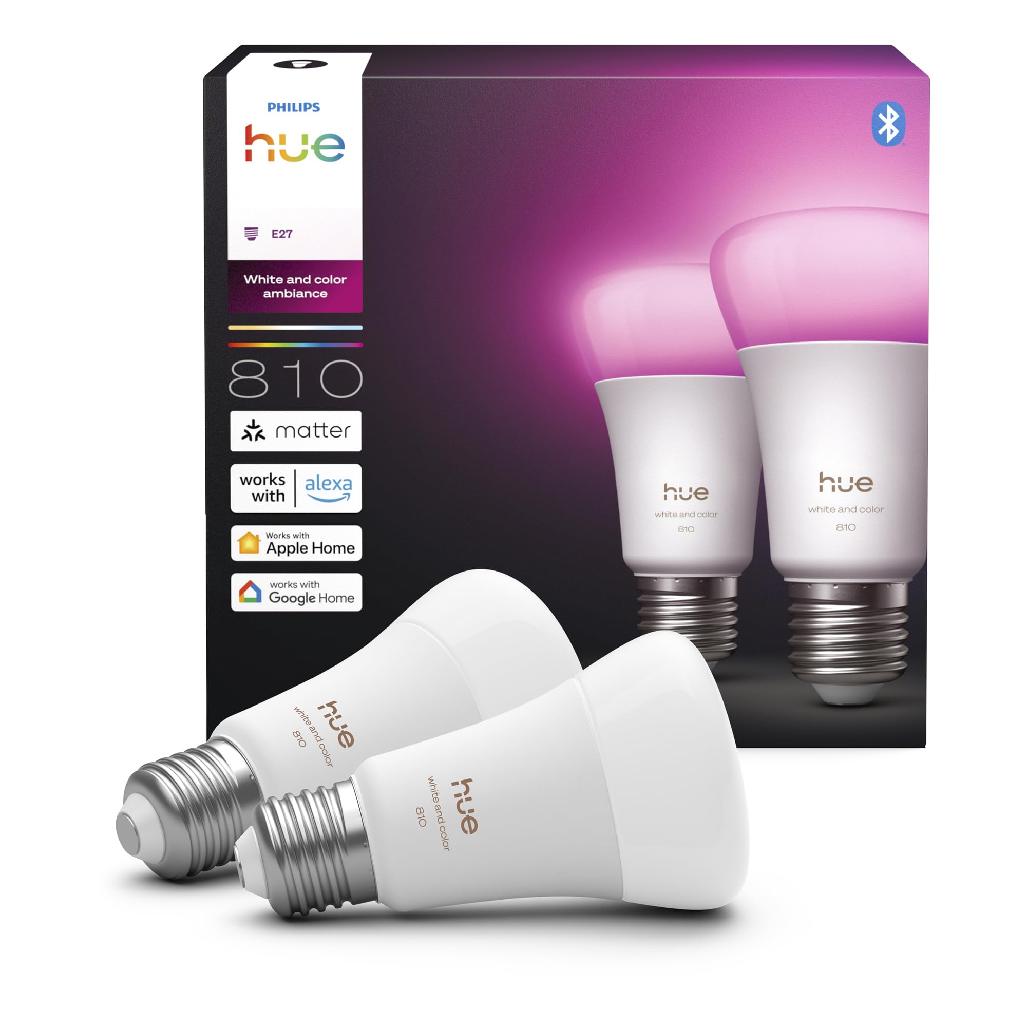 Philips Hue Philips Hue Smart LED A60 Bulb, White and Color Ambiance, E27 Base, 6W, Full Spectrum Light 1000K-20000K, 810 Lumens, Dimmable, Works with Alexa, Google Assistant, and Apple Home, 2 Pack