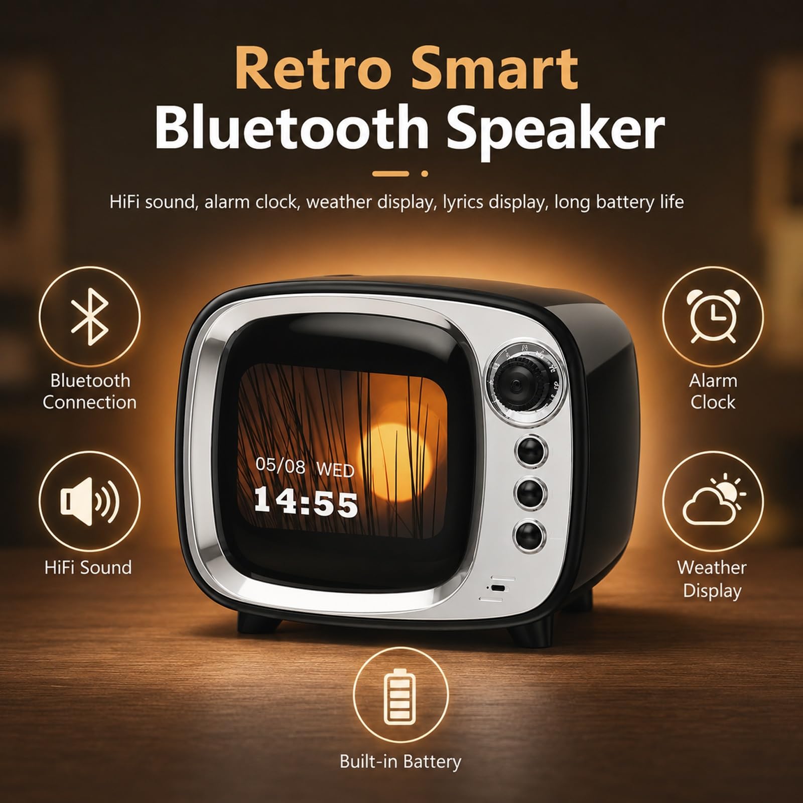 Generisch Cassa Bluetooth Retro con Sveglia Intelligente, Altoparlante Wireless Vintage con Display di Testi e Meteo, Suono HiFi, Regali Uomo Tech Oggetti Particolari(Green)