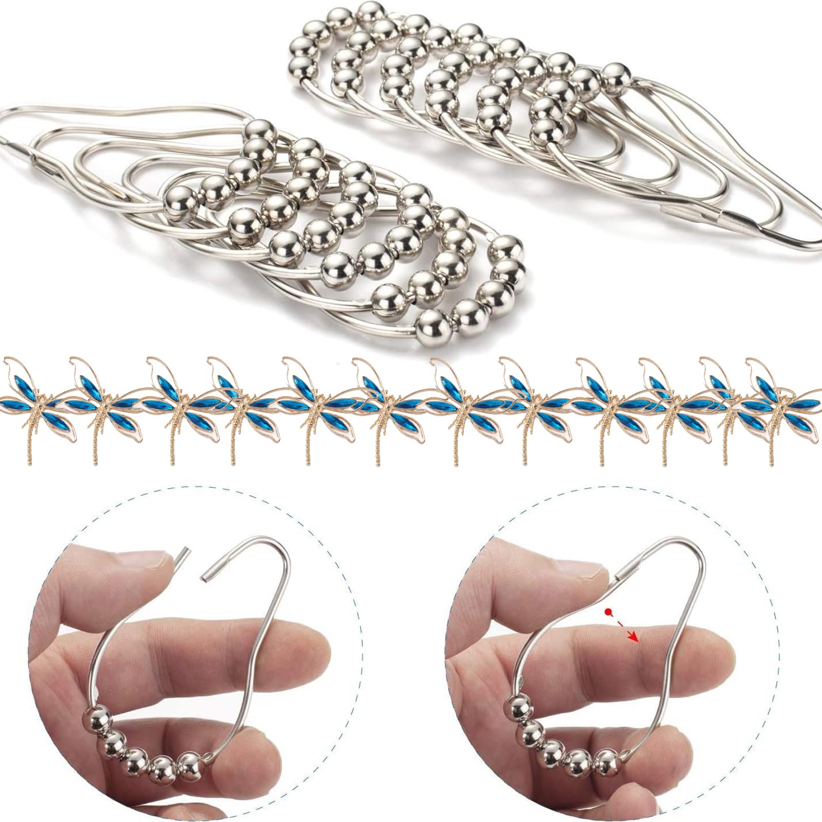 12PCS Shower Curtain Hooks,DIY Dragonfly Pendant Decorative Shower Curtain Rings,Anti-Rust Metal Shower Hooks, Cute Decor for Bathroom, Baby Room, Bedroom, Living Room