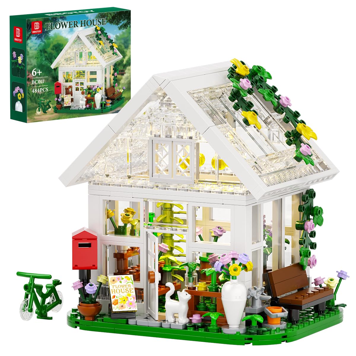 Girls Flower House Building Sets Compatible with Lego Friends Sets for Girls 8-12, Greenhouse Building Toys with LED Lights, Garden House Model, Christmas Holiday for Friends Kids Adults (484pcs)