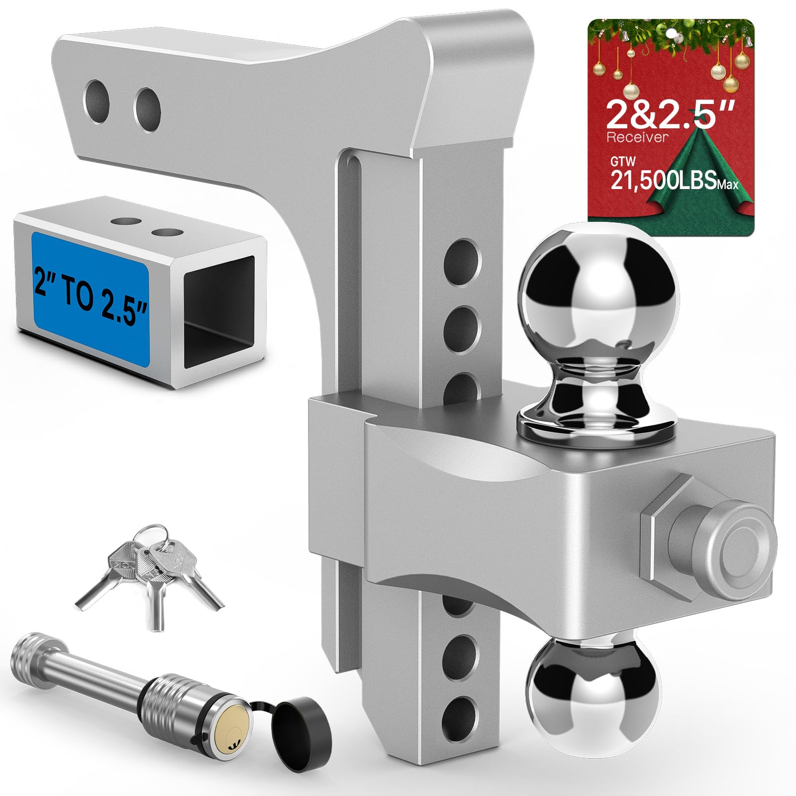 NenNicht Adjustable Trailer Hitch Drop, Fits 2 Inch Receiver, GTW 21,500 LBS Aluminum Tow With Dual Ball (2