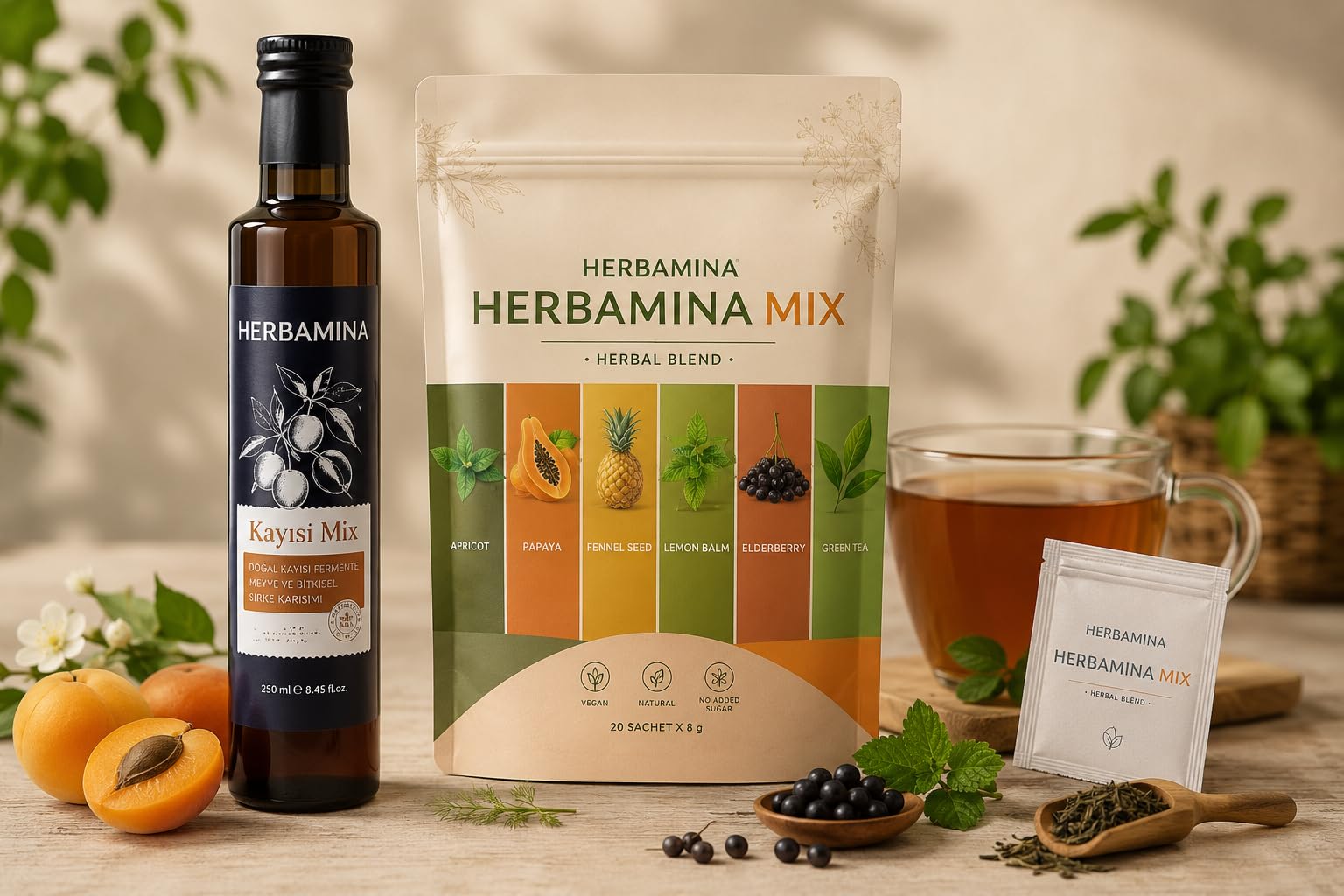 Herbamina Herbal Tea & Apricot Vinegar Set – 20 Sachets Herbal Mix Powder (160 g) + Kayisi Mix Vinegar 250 ml – Vegan Wellness Drink Bundle – Turkish Botanical Tea Combination
