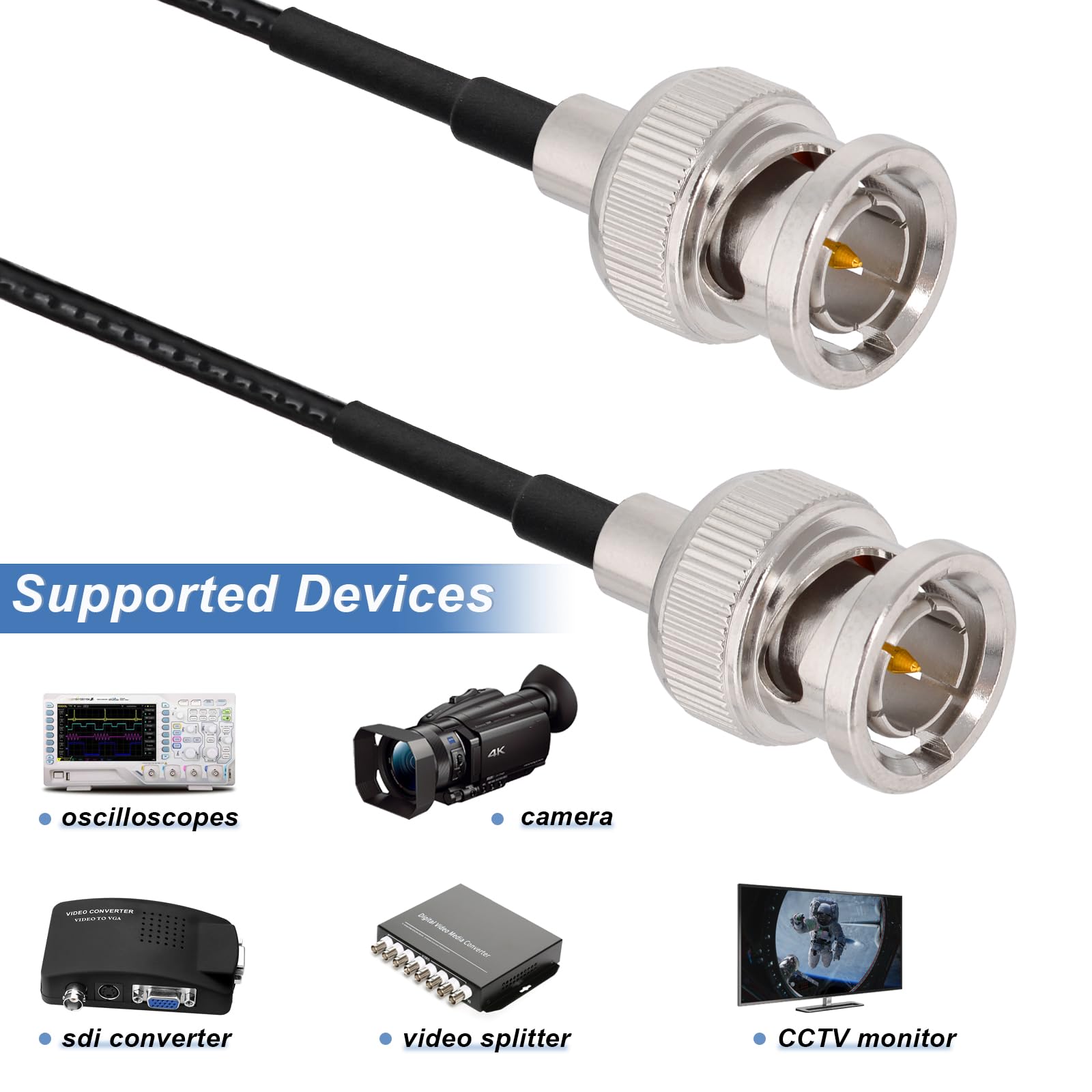 Yuslao Cable SDI de 50 pies, 75 ohmios, BNC macho a macho, RG179, cable coaxial para cámara 4K 1080P 3G HD SDI, monitor de cámara, grabadora de video, convertidor SDI, interruptor divisor (recto, 2
