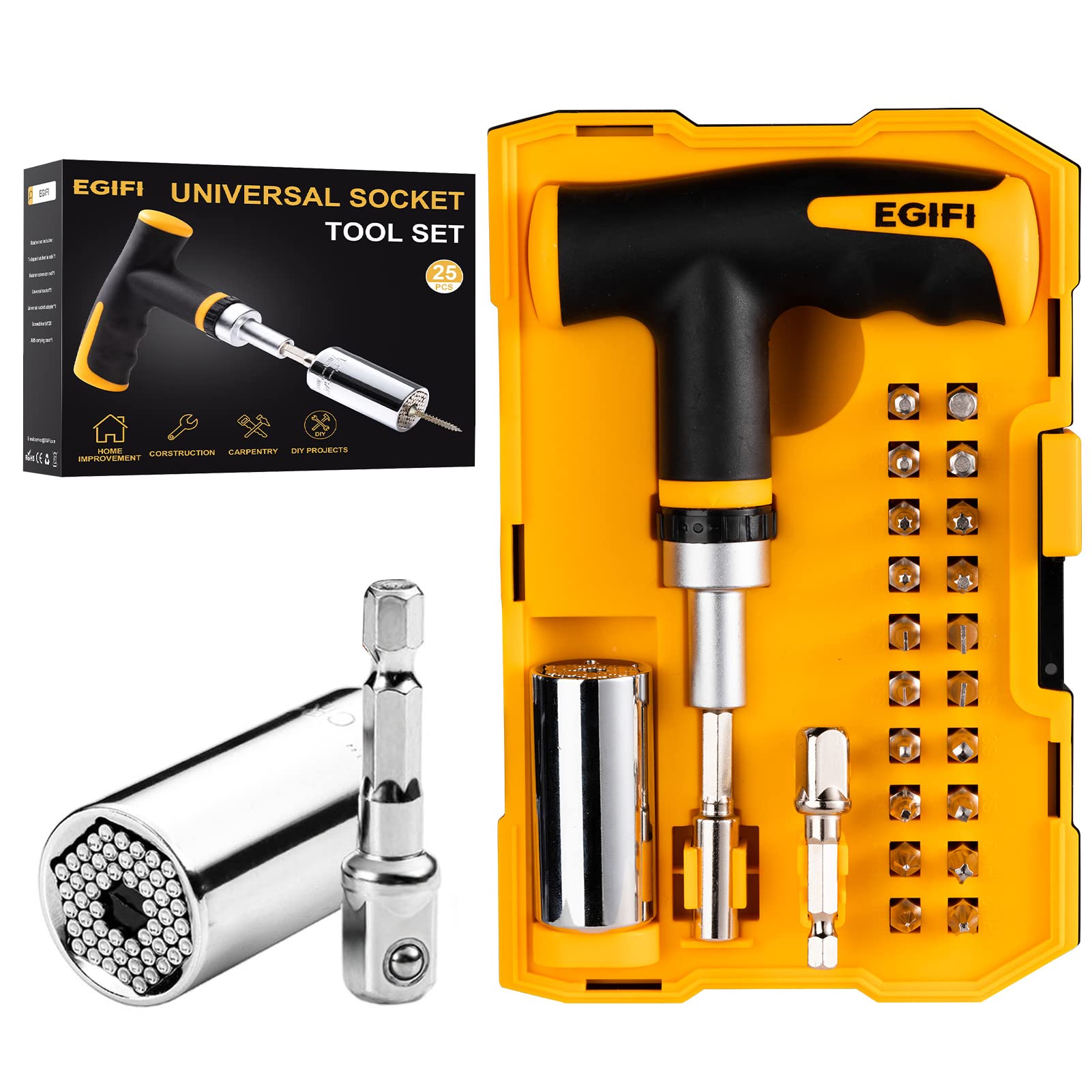 Gifts for Men Universal Socket Wrench Sets - Set of 25 with 1/4-to-3/4-Inch Multi-Function Ratchet Wrench Power Drill Adapter - Super Socket Tool Square Drive Sockets