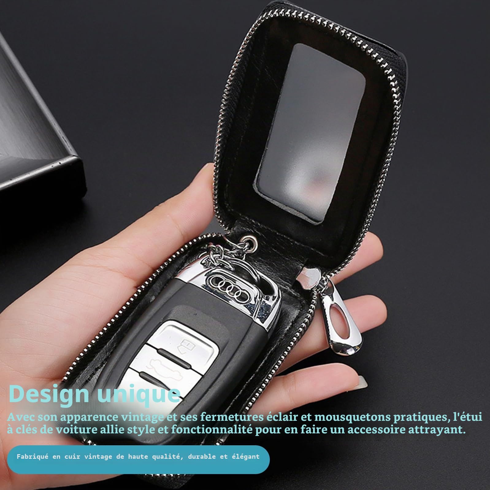 Lot de 2 étuis à clés de voiture : étui à clés vintage en cuir avec fermeture éclair et mousqueton, housse de protection pour porte-clés, étui universel portable (noir, bleu roi)