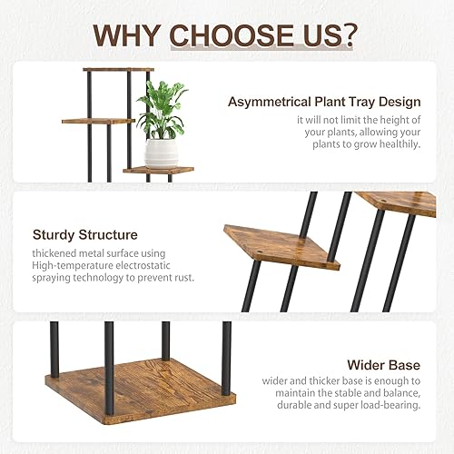 Miniatura 3 de Oppro - Soporte para plantas de 4 niveles para interiores, soporte de esquina de madera de metal con niveles para macetas, estante de madera para