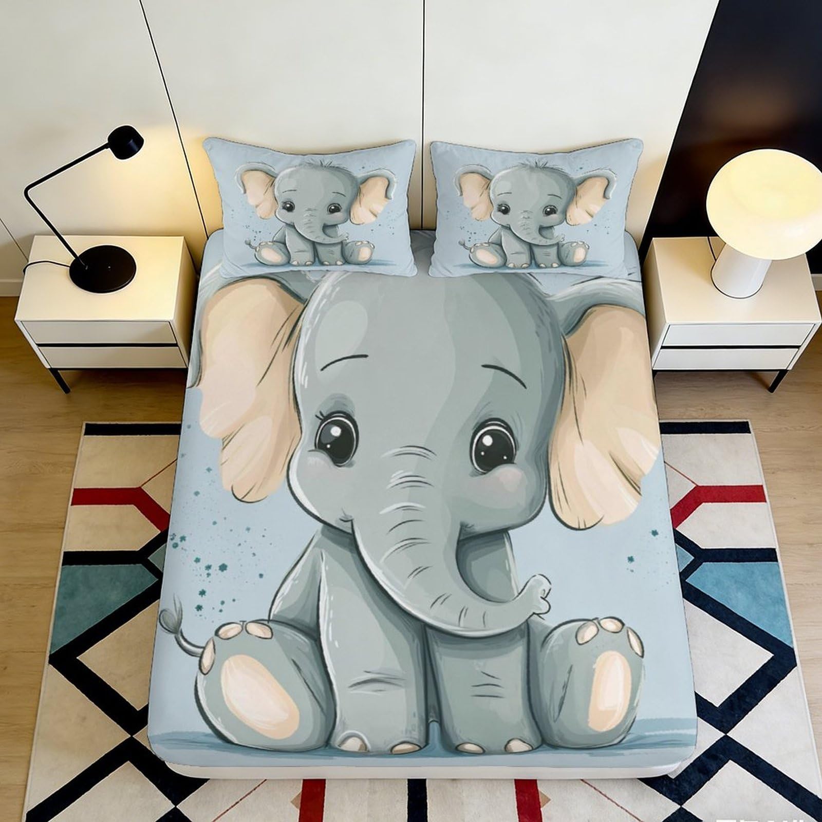 Jqzkxnhpbr Style-4 3D Printed Cartoon Elephant Fitted Sheet Microfiber Soft Blue Animal Mattress Cover For Bedroom Guest Room Rental Decor 90X200x25cm