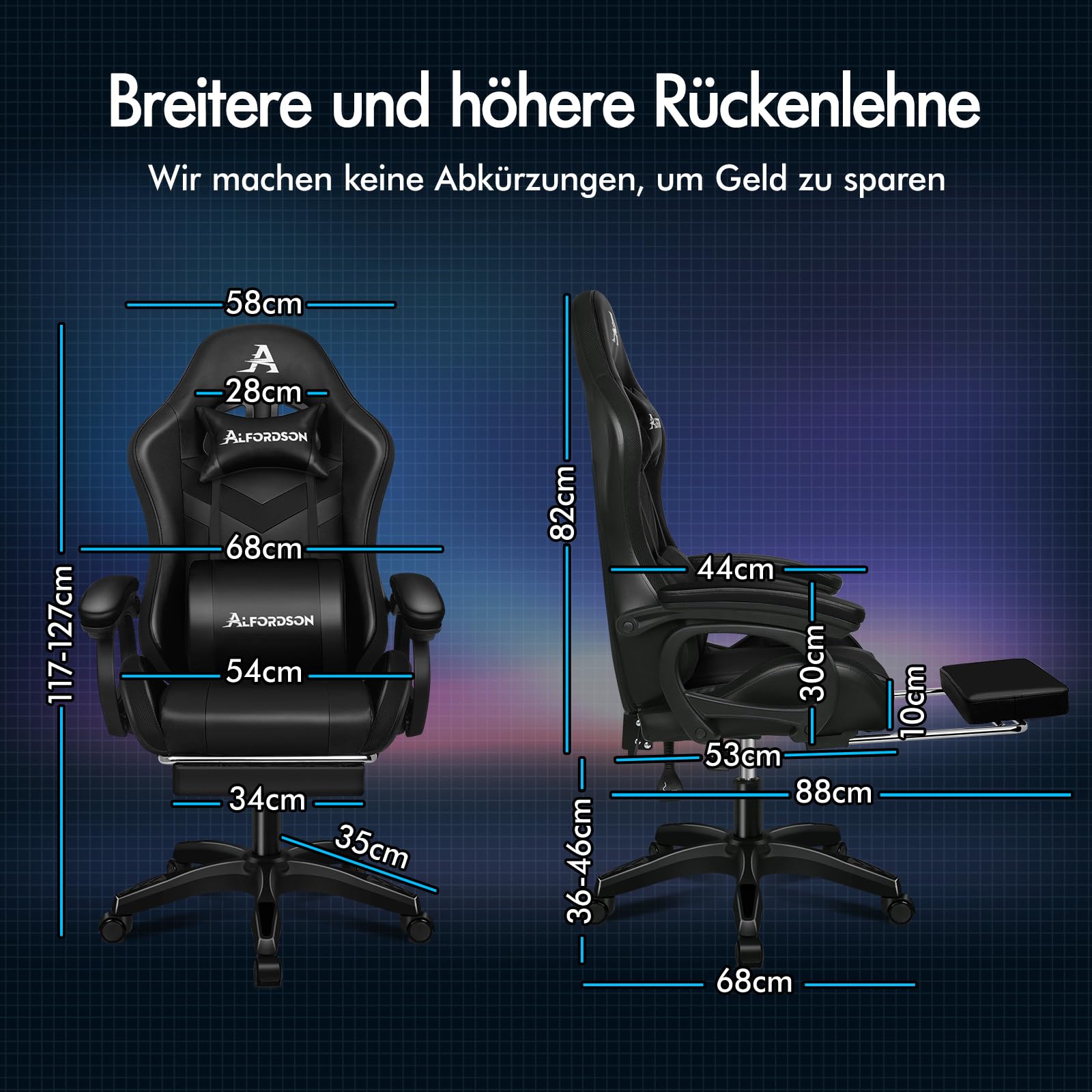 ALFORDSON Gaming Stuhl Gamer Stühle RGB LED Racing Gamer-Stuhl PC-Gaming-Sessel Massage Bürostuhl ergonomisch Fußstützen, Schreibtischstuhl, Neigungswinkel 90-150°,180 kg belastbar, Schwarz