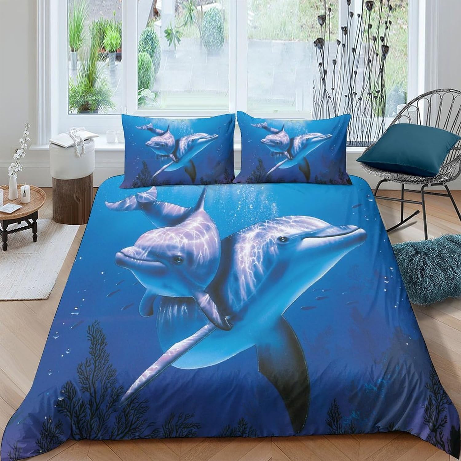 Housse de couette 260x230 dauphin fermeture éclair pratique pour un enfilage rapide sans effort