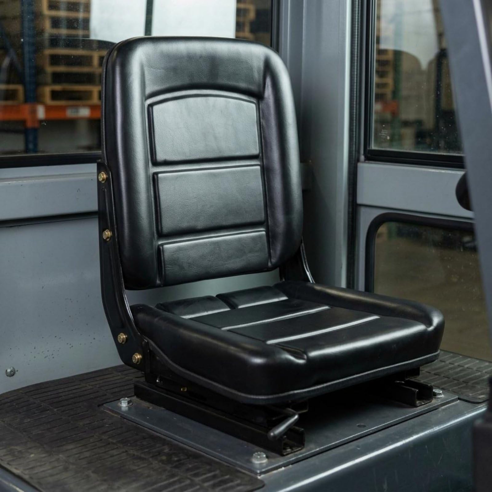 Asiento Vehículo Carga Elevadora Cuero PU Silla Ergonómico Universal Compartimiento l Operador para Almacén, Placa De Conexión De Asiento Pequeño Negro 26-28