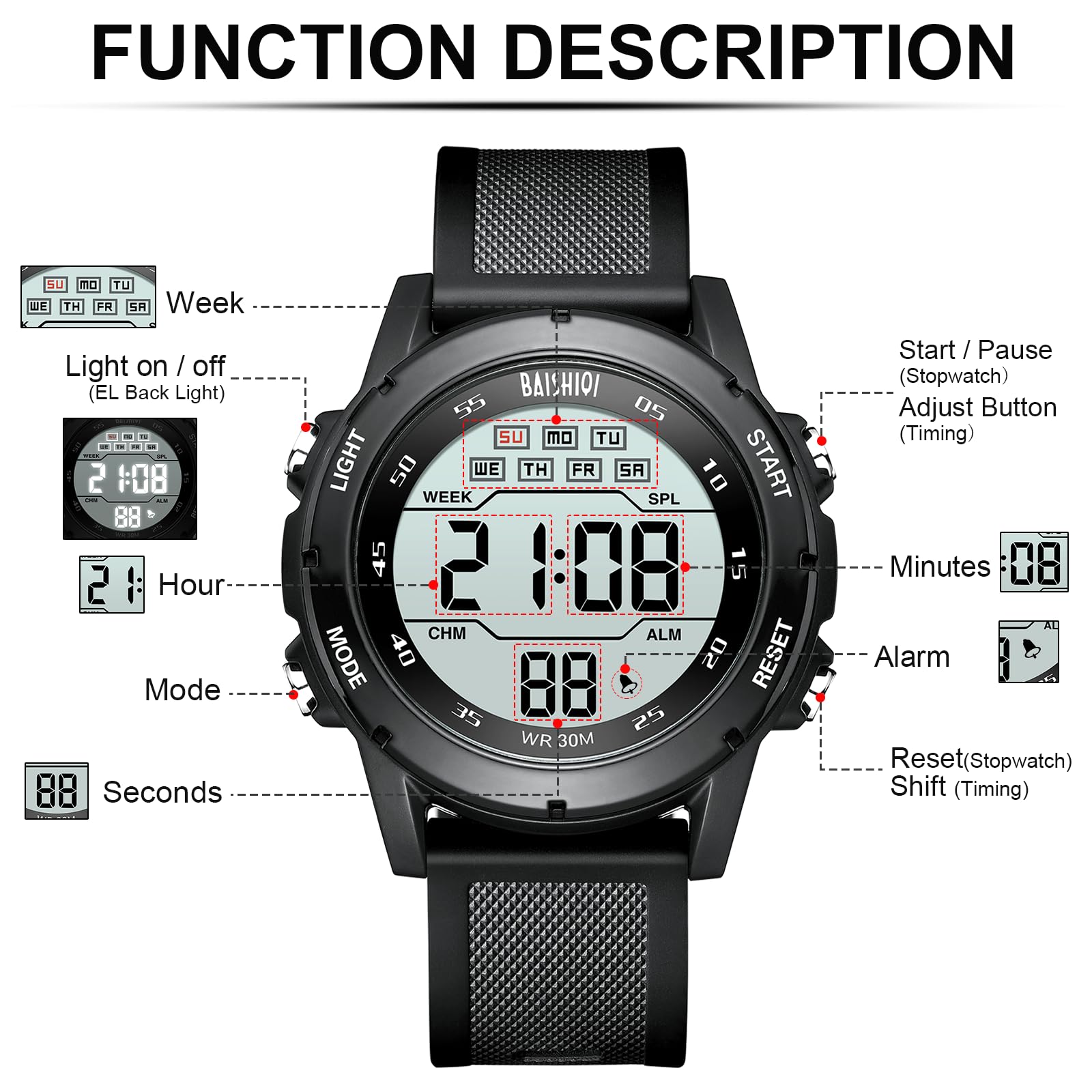 Mens Watches Digital Watches for Men Casual Sports Military Waterproof Wrist Watches Stopwatch Silicone Band with LED Backlight/Alarm/Timer/Date