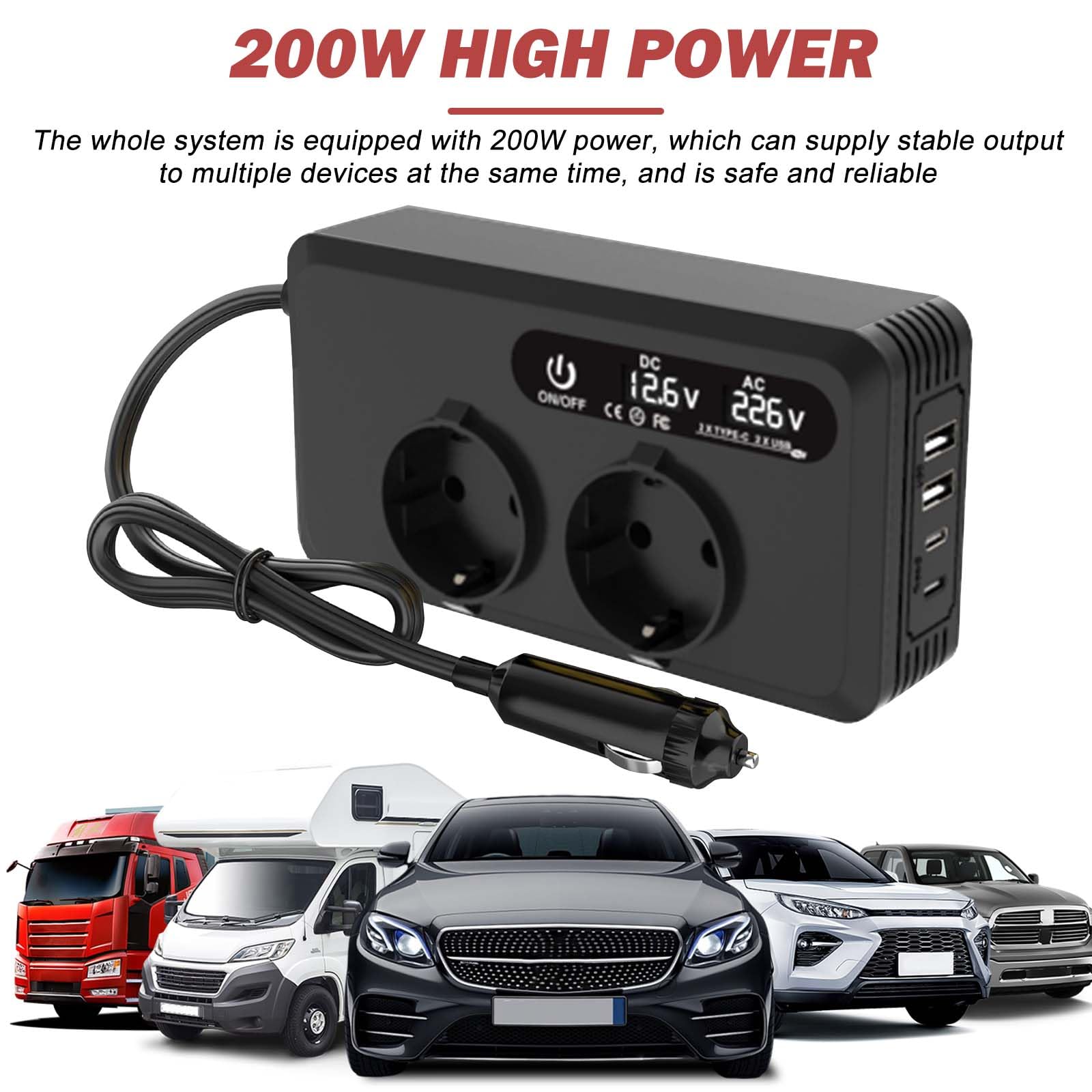 Samochodowa przetwornica napięcia 200 W, falownik 12 V na 220 V z 2 gniazdami ładującymi, 2 portami USB i 2 typami C, adapter do gniazda zapalniczki samochodowej, do telefonów komórkowych, laptopów