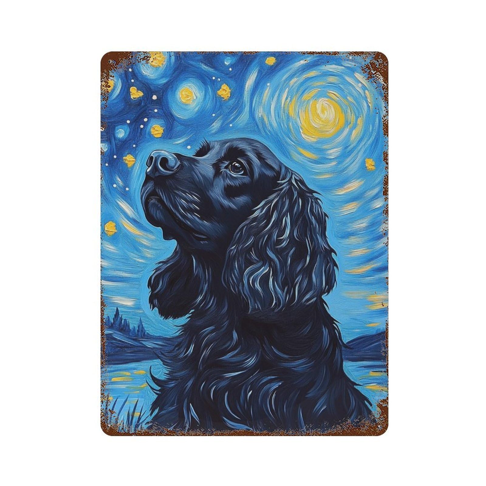 Starry Night Cocker Spaniel Art Print Aged Metal Wall Plaque 15.7"x11.8", Classic Wall Plaque for Garage, Pub Or Kitchen