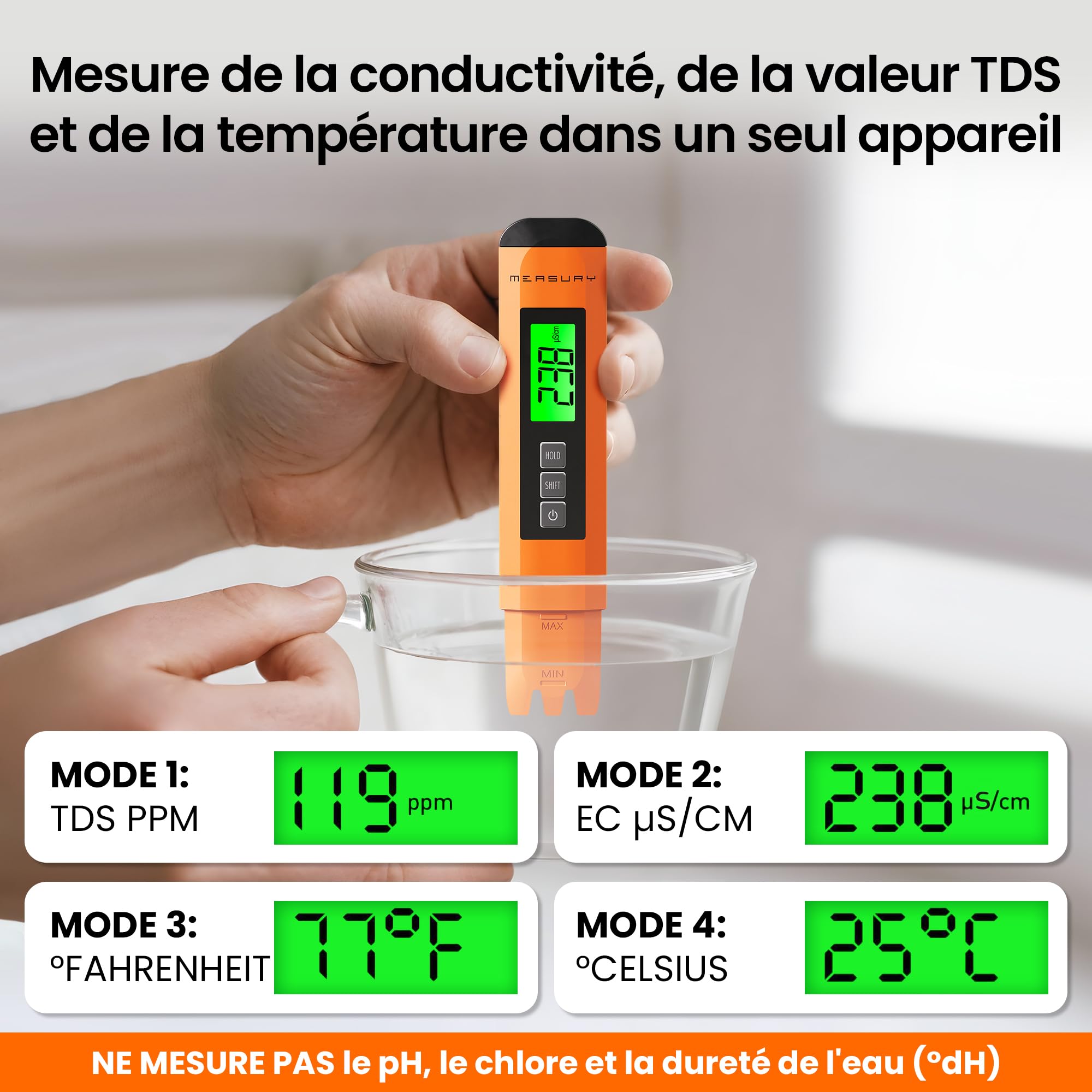 Measury Testeur TDS et Testeur EC - Conductimetre, Testeur Eau Aquarium, Testeur Eau Piscine - Testeur d'eau Potable
