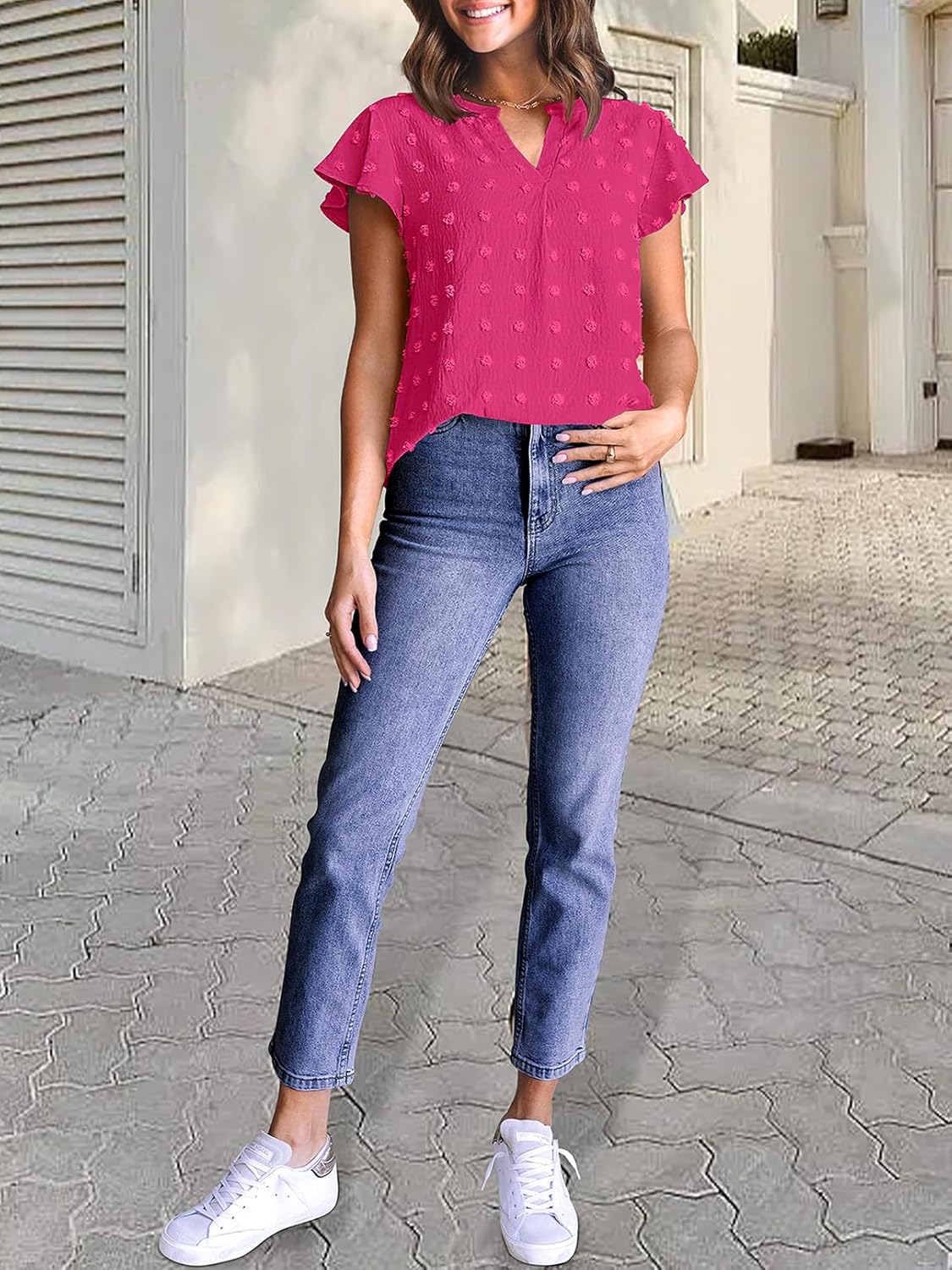 MEROKEETY Women's 2026 Spring V Neck Ruffle Short Sleeve Blouse Summer Swiss Dot Dressy Casual Flowy Shirt Tunic Top - Image 7