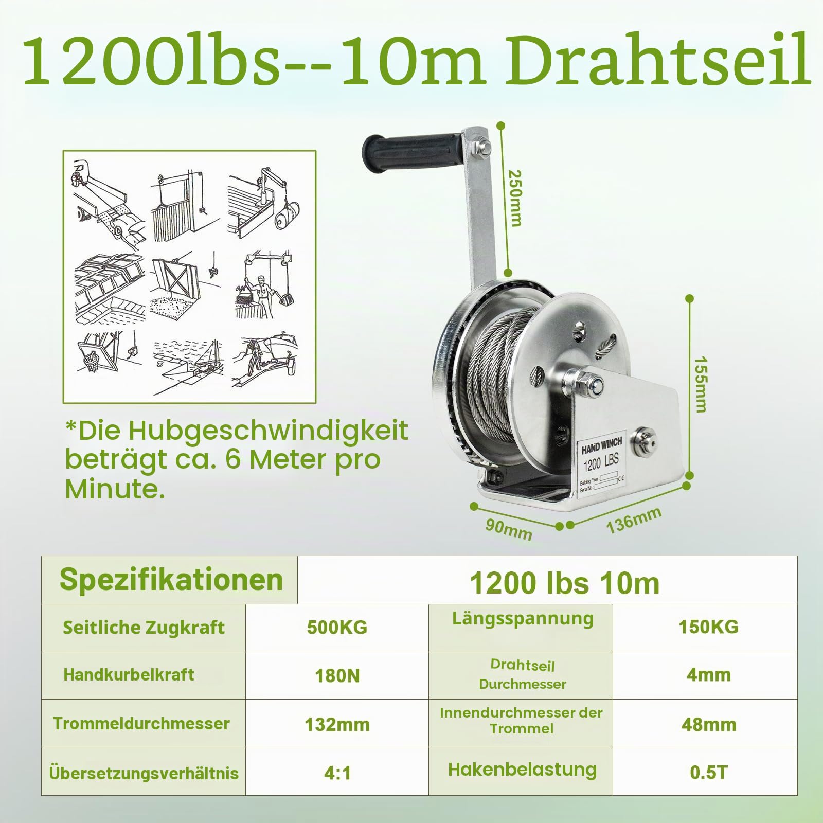 Edelstahl Handseilwinde mit Bremse(1200lbs,10m) | 1200lbs Anhänger Seilwinde Hand Klein mit 10m Drahtseil, Manuell Seilwinde Handwinde Heben Senken mit Selbstsichernden Haken