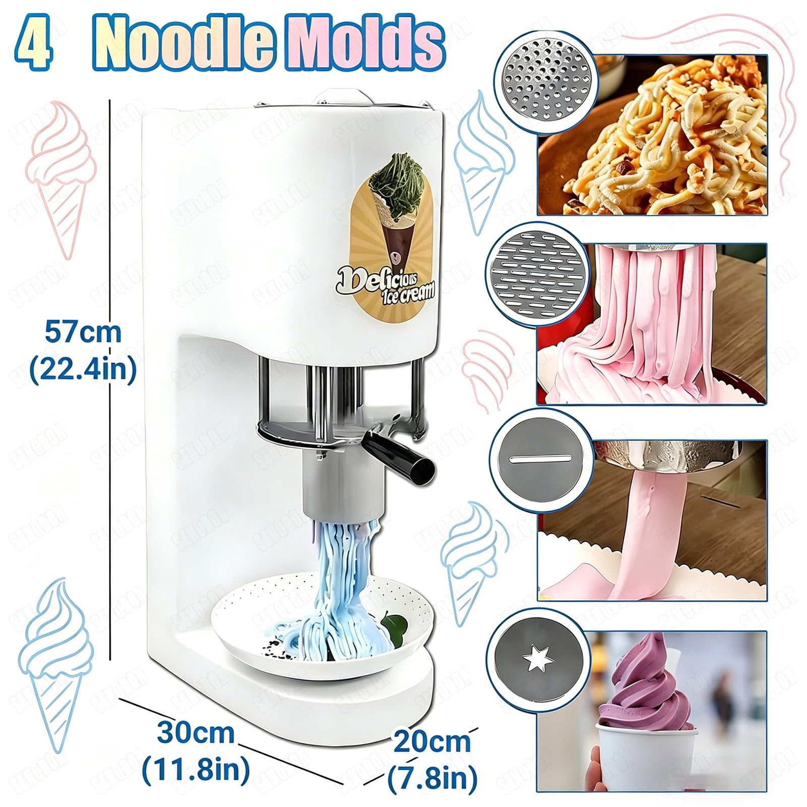 Macchina professionale per gelato spaghetti con 4 stampi di diverse forme, produzione di 30 litri/ora, design salvaspazio, facile da usare e da pulire-per gelaterie