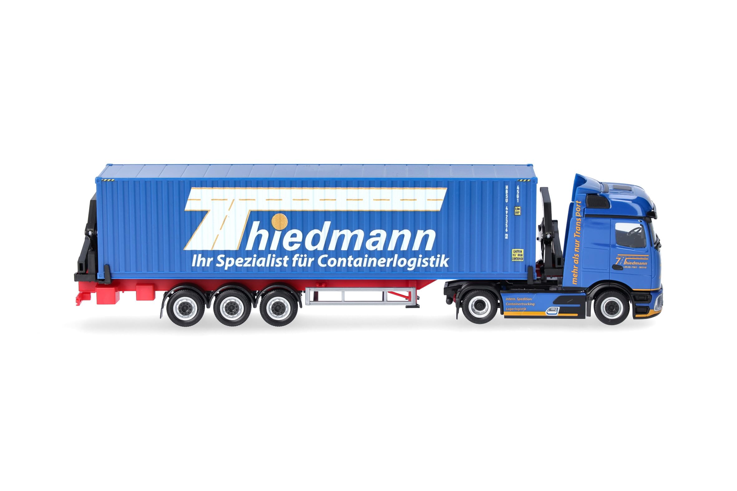 Herpa LKW Modell Mercedes-Benz Actros L ProCabin Bigspace Container-Seitenlader Thiedmann, Miniatur im Maßstab 1:87, Sammlerstück, Made in Germany, Kunststoff