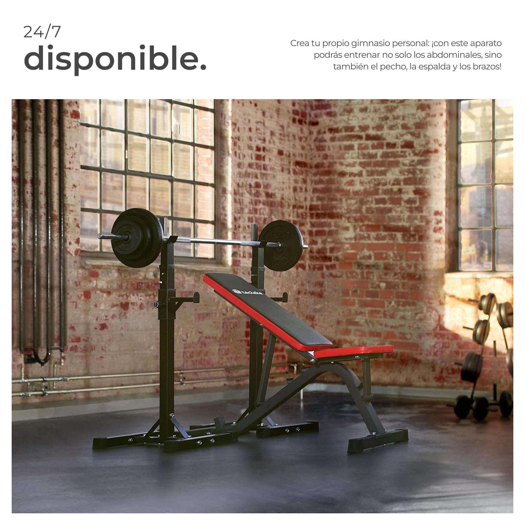 tectake® Banco Musculación Plegable Acolchado Cuero Sintético Resistente con Respaldo Ajustable, Banco de Pesas, Gimnasio en Casa, Gym en Casa, Ejercicio, Fitness, Rack Musculación - Negro/Rojo