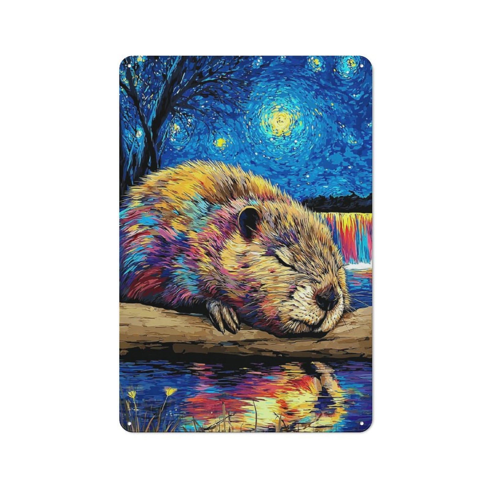 Junmoney Beaver Dreams In Starry Waters Metal Wall Plaque With Design 30X20cm, Classic Retro Room Decor For Kitchen, Hallway, Bar Or Small Cafe