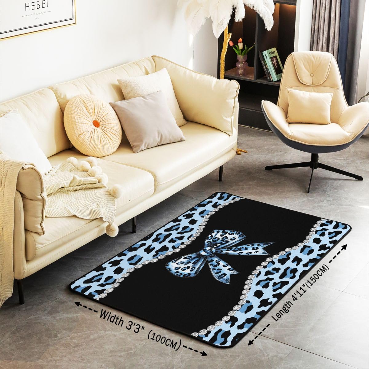 Castle Fairy African Cheetah Bow Area Rug,Leopard Coquette Bowknot Non Slip Rug for Teens Adults,Blue Black Modern Fashion Indoor Floor Mat for Housewarming Couch 3'x5'