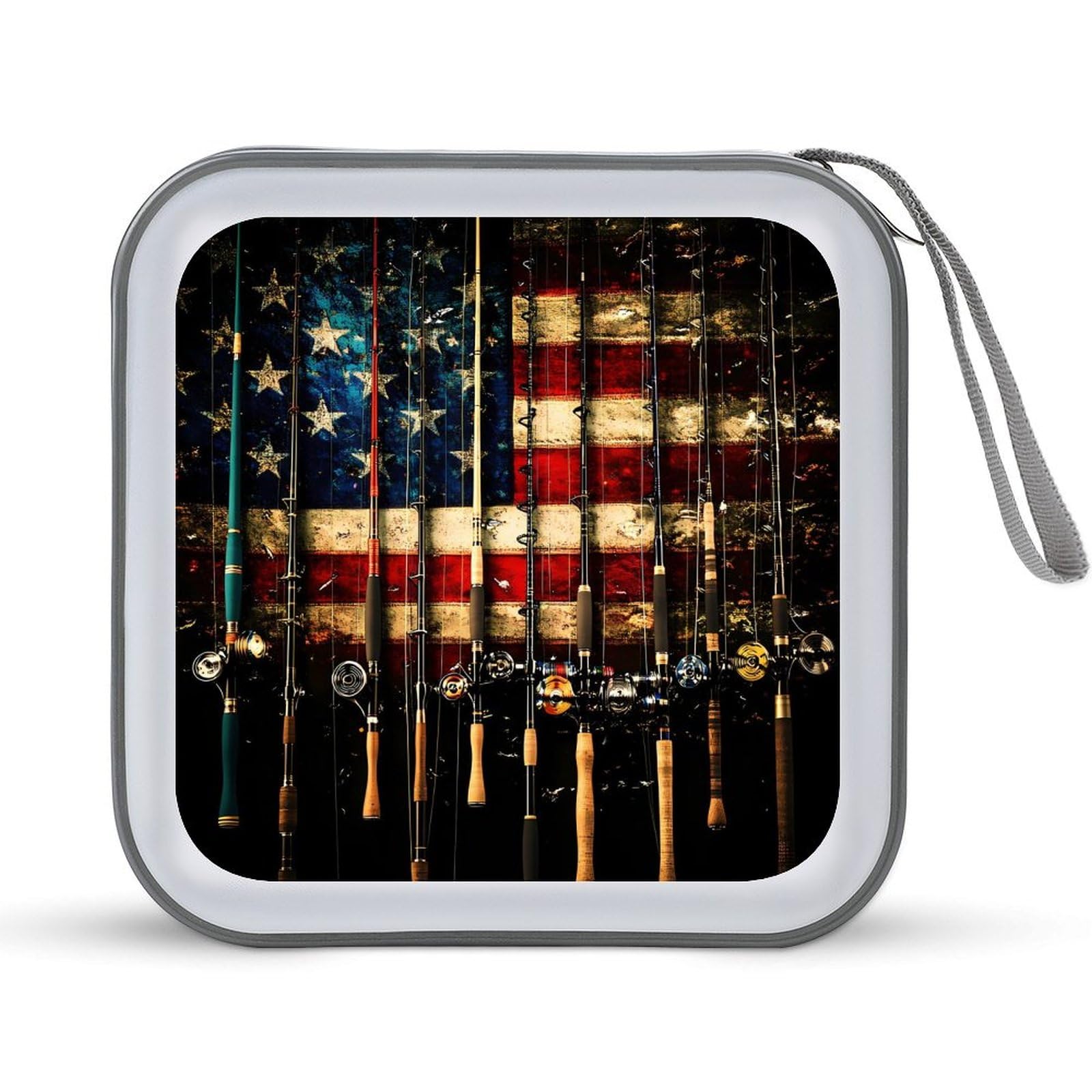 USA Flag Fishing Rod CD Case Plastic DVD Case Holder Wallet Disc Storage Organizer for Car Travel