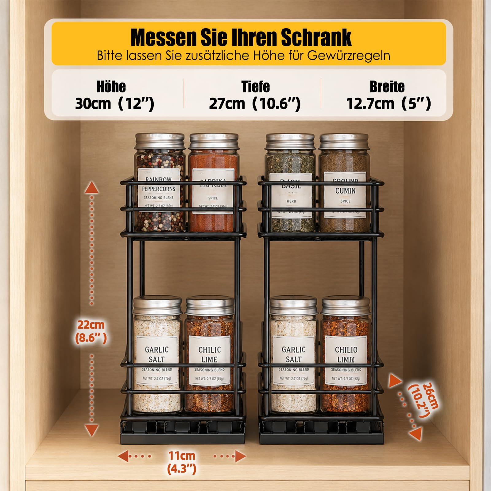 EasyVibe Lot de 2 étagères à épices - Étagère de rangement à 2 étages - Étagère à épices pour cuisine - Étagère à épices - Organiseur avec armoire - Pour bouteilles d'huile - Bocaux de cuisine