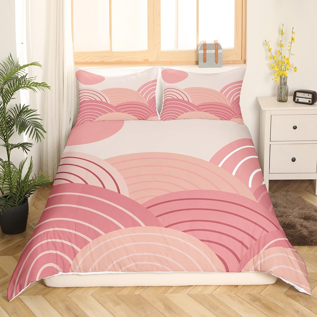 Parure de lit rose abstrait 200x200 avec motif géométrique cercle et nuage Homemissing