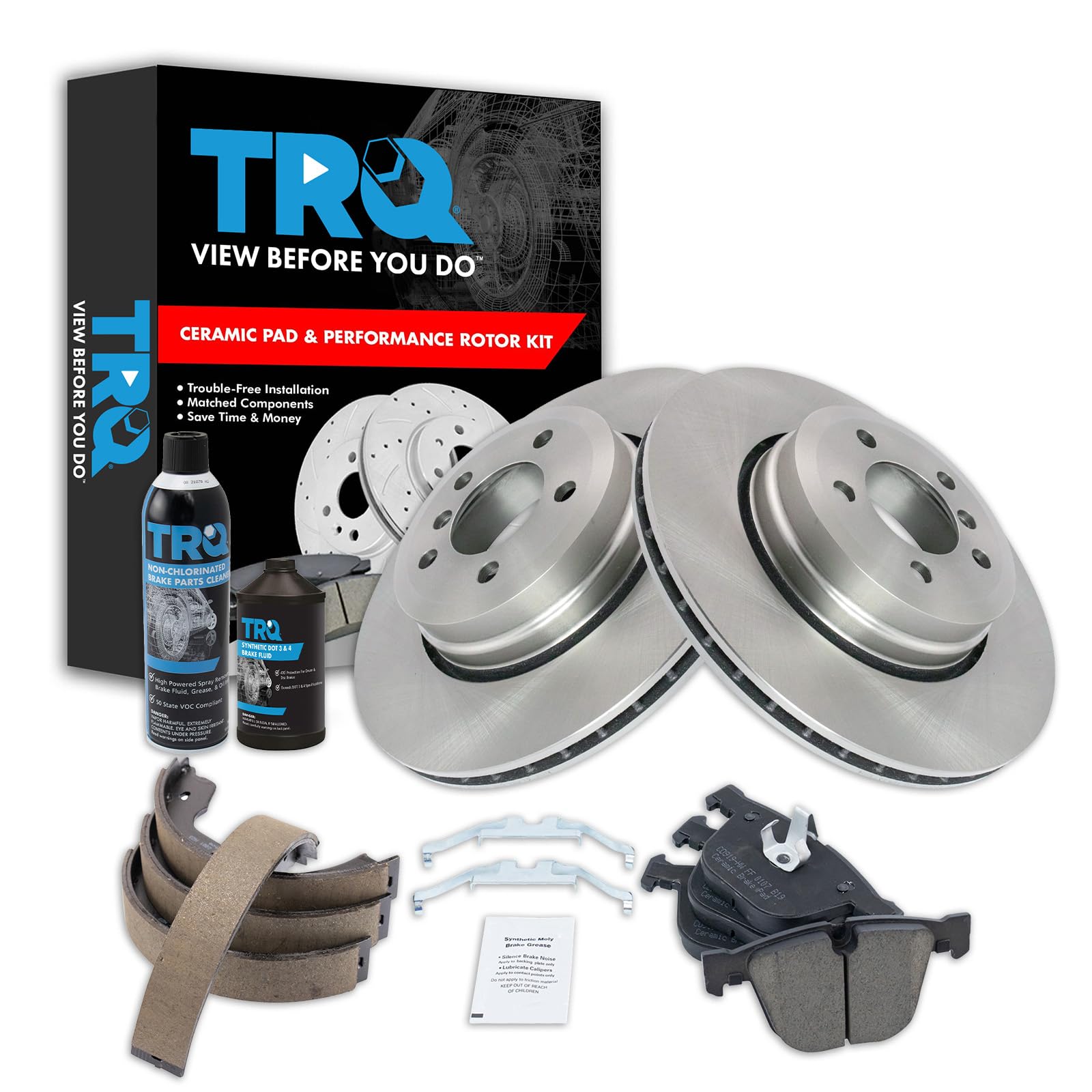 TRQ Rear Brake Pad &amp; Rotor Kit with Chemical Kit Parking Brake Shoe Set