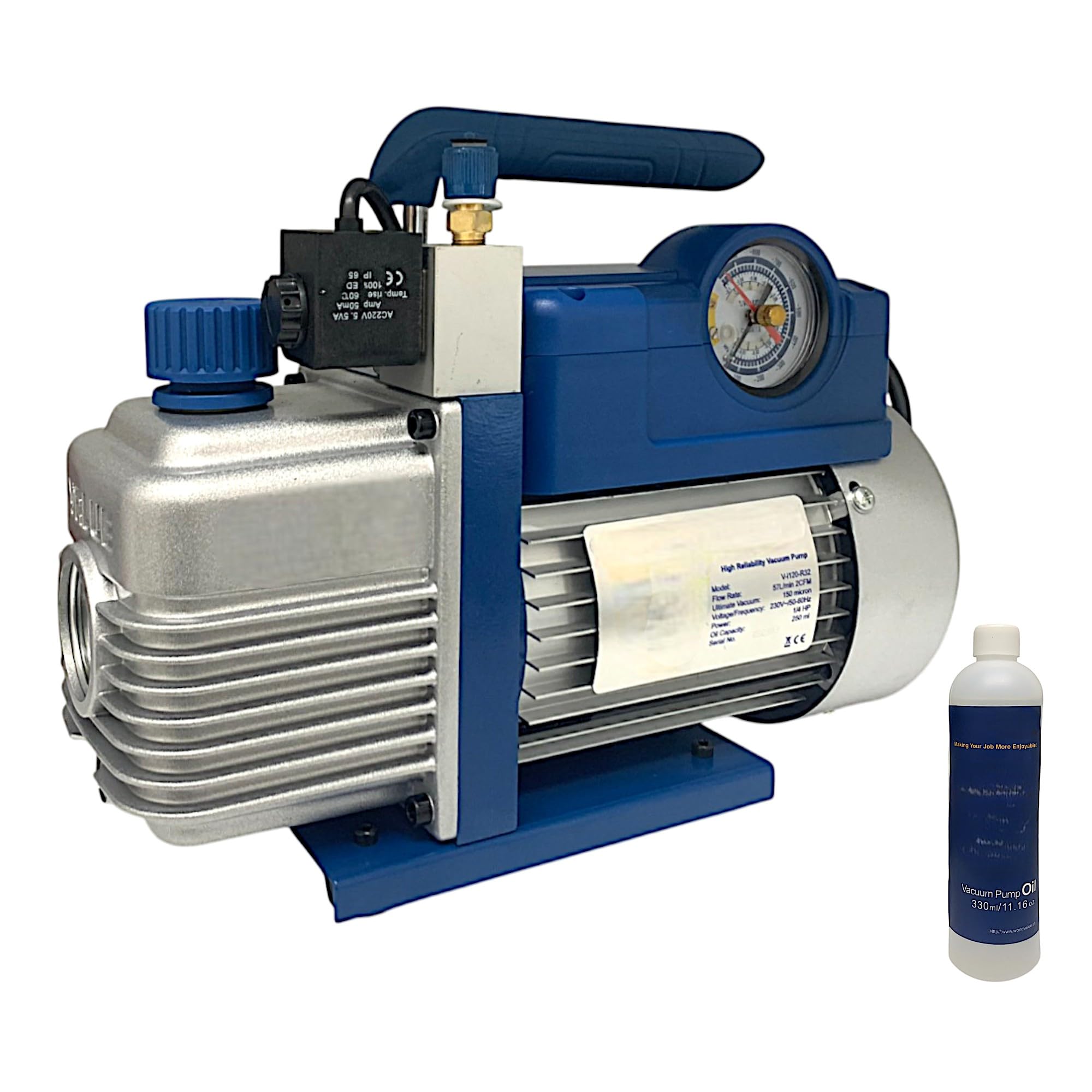 Pompa a Vuoto 51 Lt/min 1/4 HP R32 R410A R407C R134A Pompa per Vuoto con Elettrovalvola e Vacuometro con Olio incluso