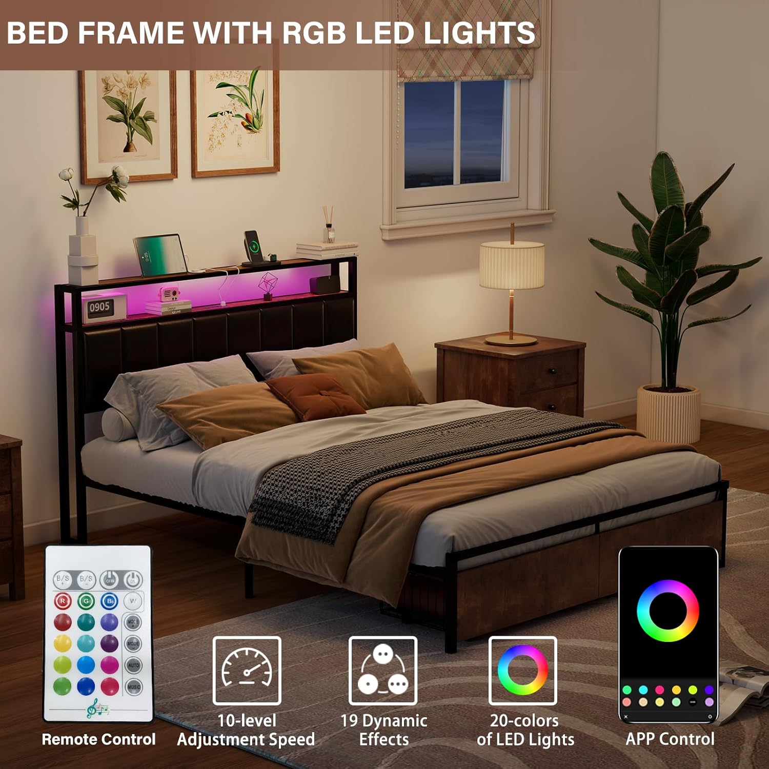 Full Metal Bed Frame with Storage Drawers and LED Headboard