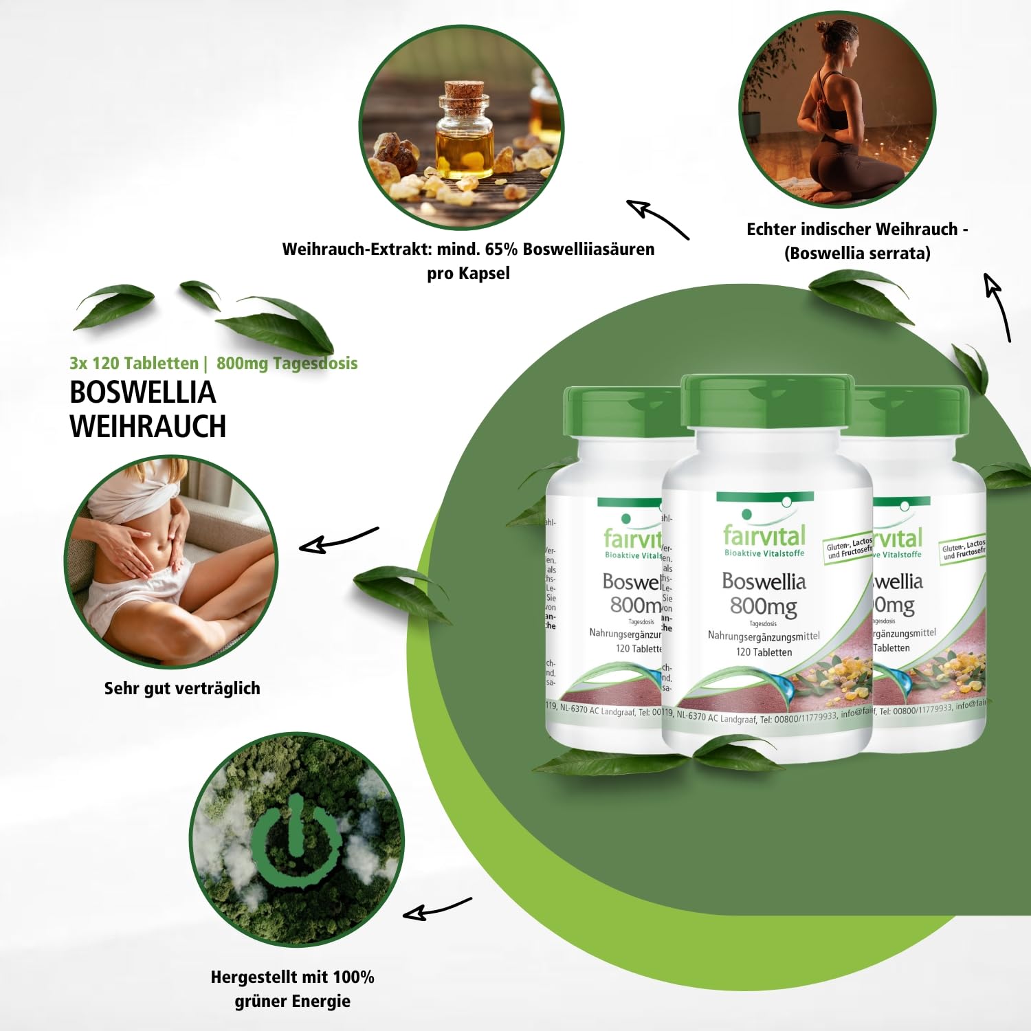 fairvital Weihrauch-Tabletten, Boswellia Serrata Extrakt 800mg Tagesdosis, 360 Tabletten (3x120), Hochdosiertes Indischer Weihrauch mit Mind. 65% Boswellia-Säuren, Vegan