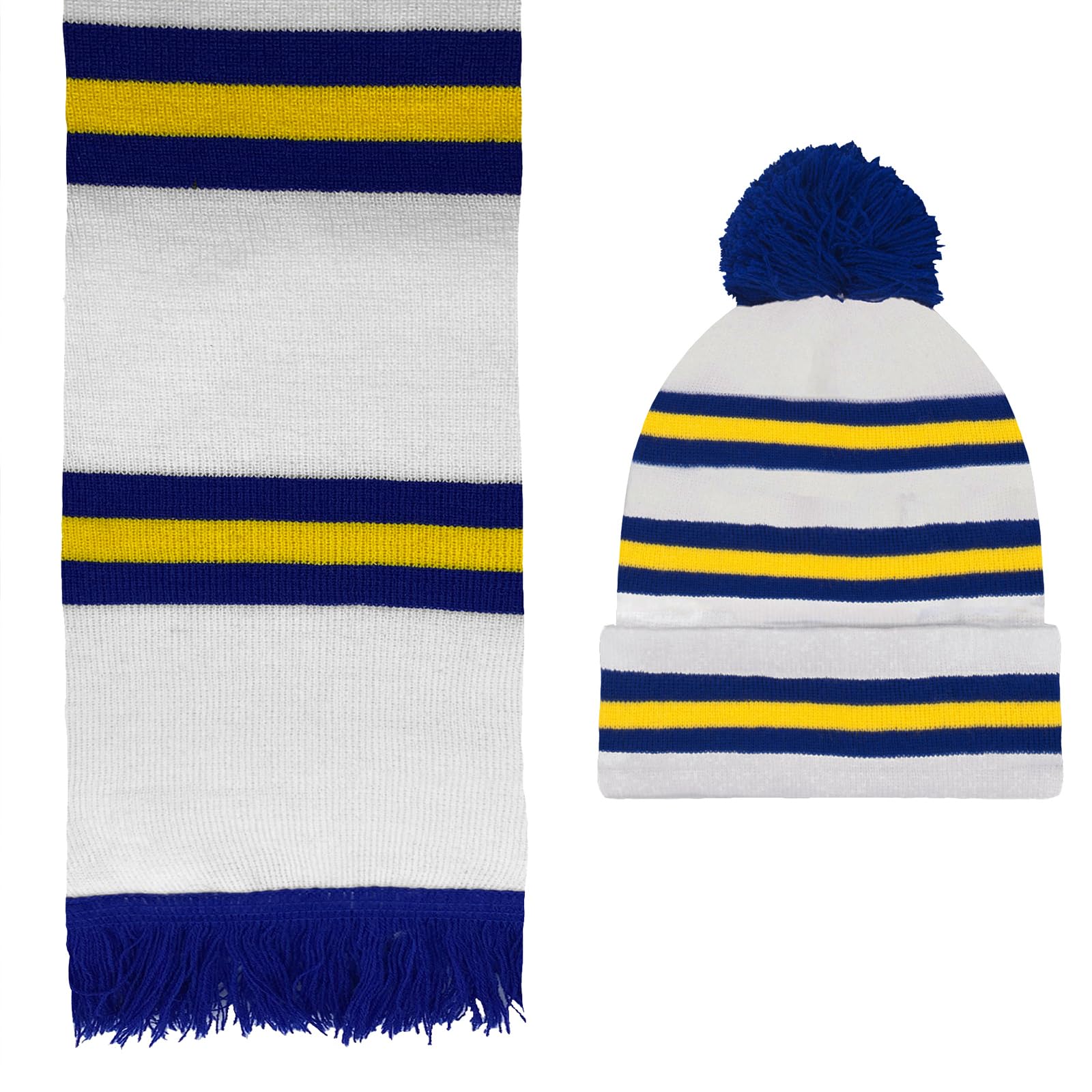fan originals Leeds Bobble Hat & Scarf Set Retro Football Gift White 3 Bar