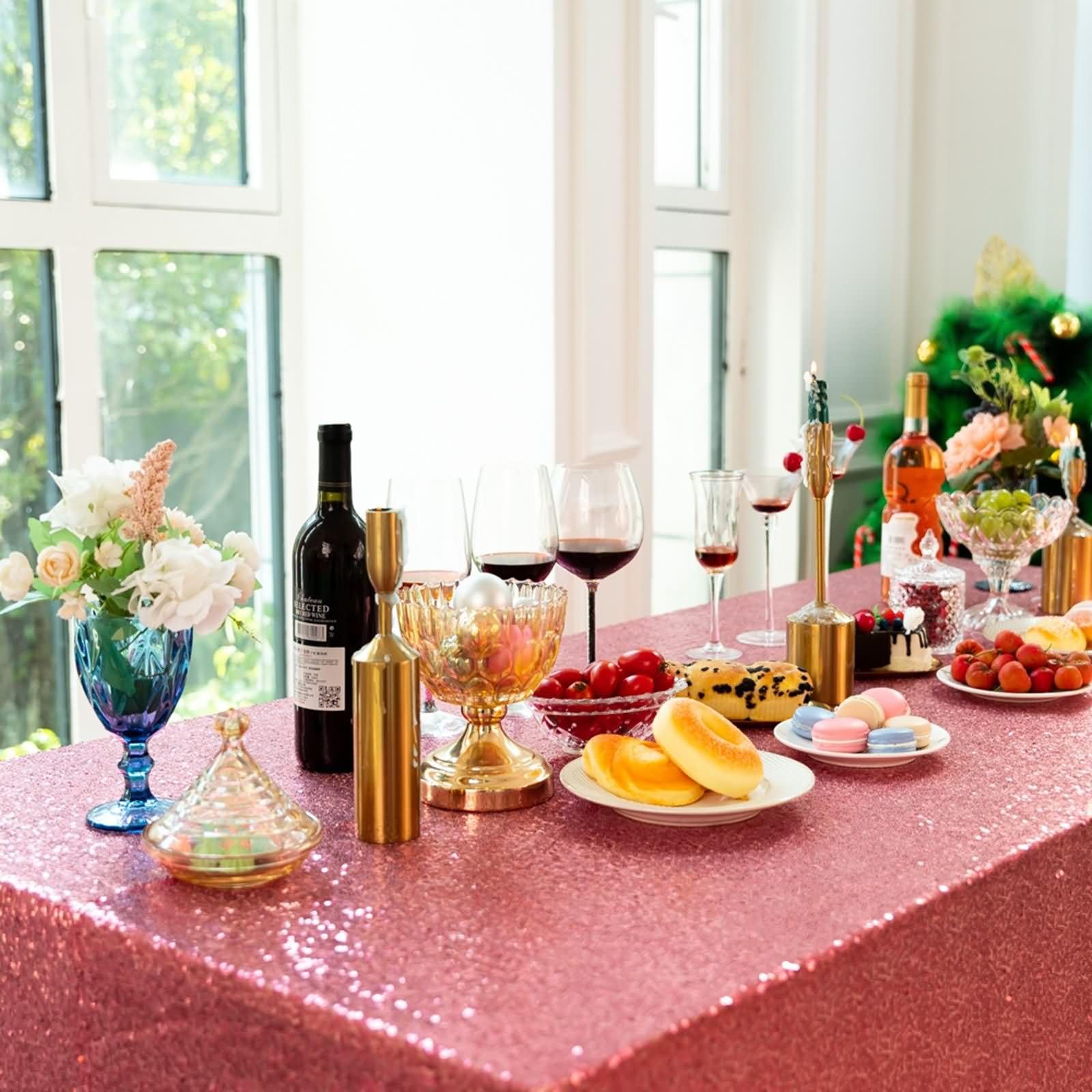 Mantel Boda Mesa Rectangular 153 W x 320 L CM,Mantel para Mesa Salón Roja Rosa Color Sólido con Lentejuelas Poliéster Mantel Casa Mesa