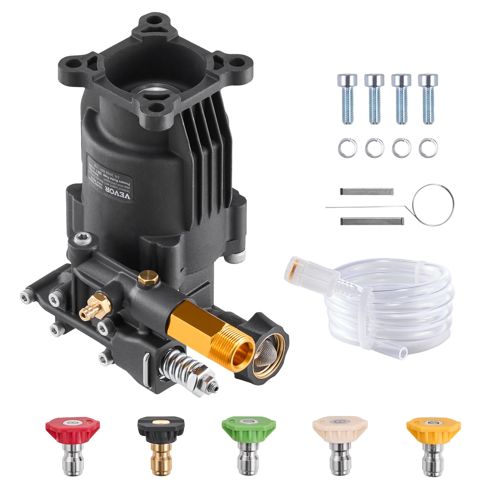 VEVOR Pompe de nettoyeur haute pression, arbre horizontal de 19,05 mm, 3500 PSI, 2,5 GPM, kit de pompe de remplacement avec 5 buses, quincaillerie, tube siphon, pour Simpson, Honda, Troy-Bilt, Generac