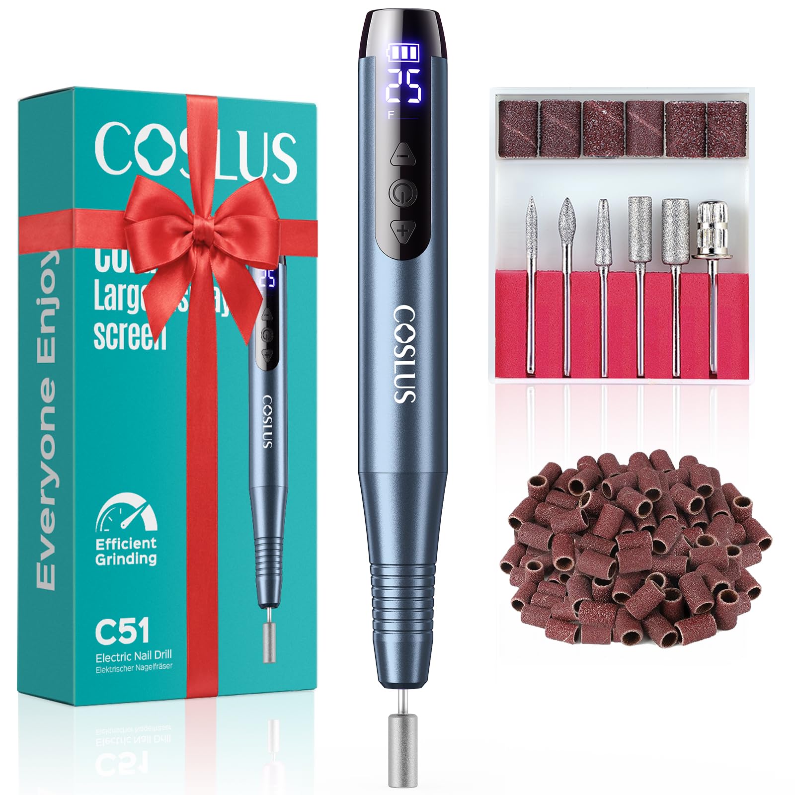 COSLUS C51 Kabellos Tragbar Elektrischer Nagelfräser: Elektrische Nagelfeile für Gelnägel 35000 u/min Nail Drill mit LED-Display & 25 Geschwindigkeiten für Nägel & Acrylnägel portabel, Blaugrau