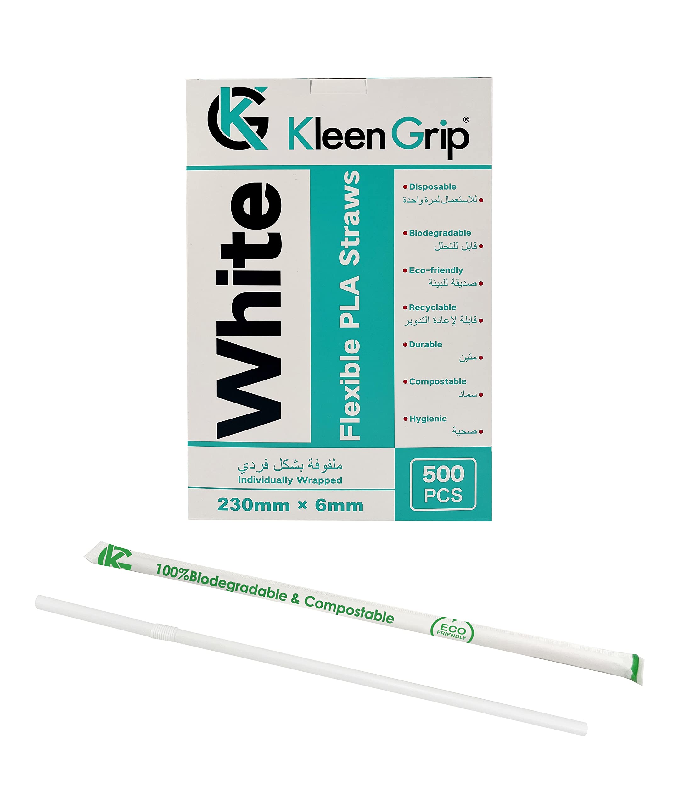 Kleen Grip Curved PLA Straws White 230mm*6mm 500Pcs, One Size