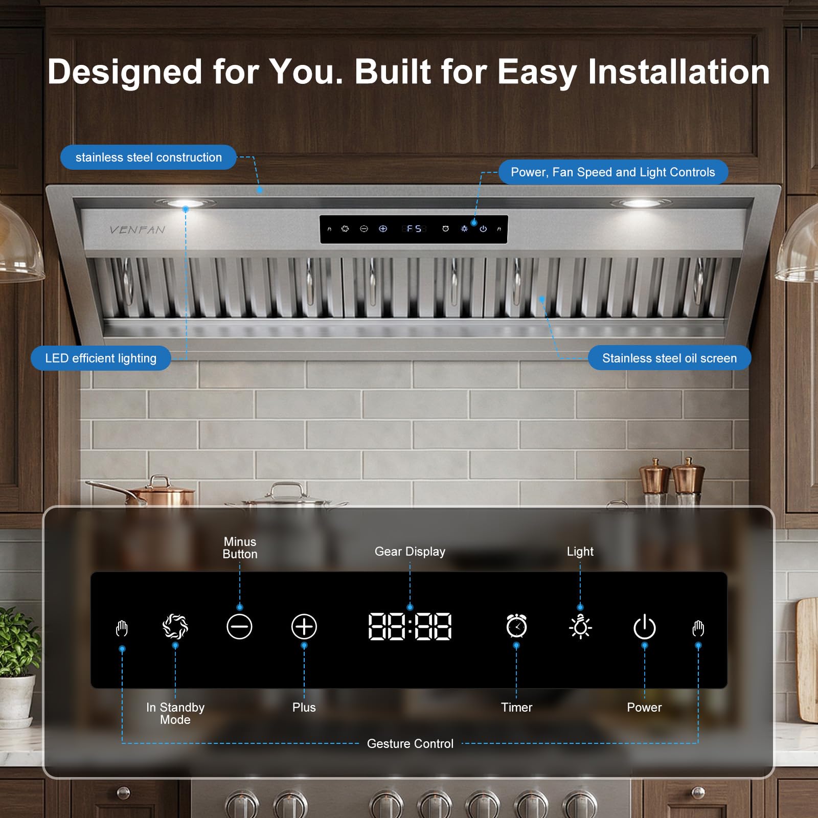VENFAN 30 Inch Range Hood Insert, 1200 CFM Ultra Quiet DC Motor, Gesture & Touch Control, Ducted/Ductless Convertible, Stainless Steel Built-in Kitchen Vent Hood - 5