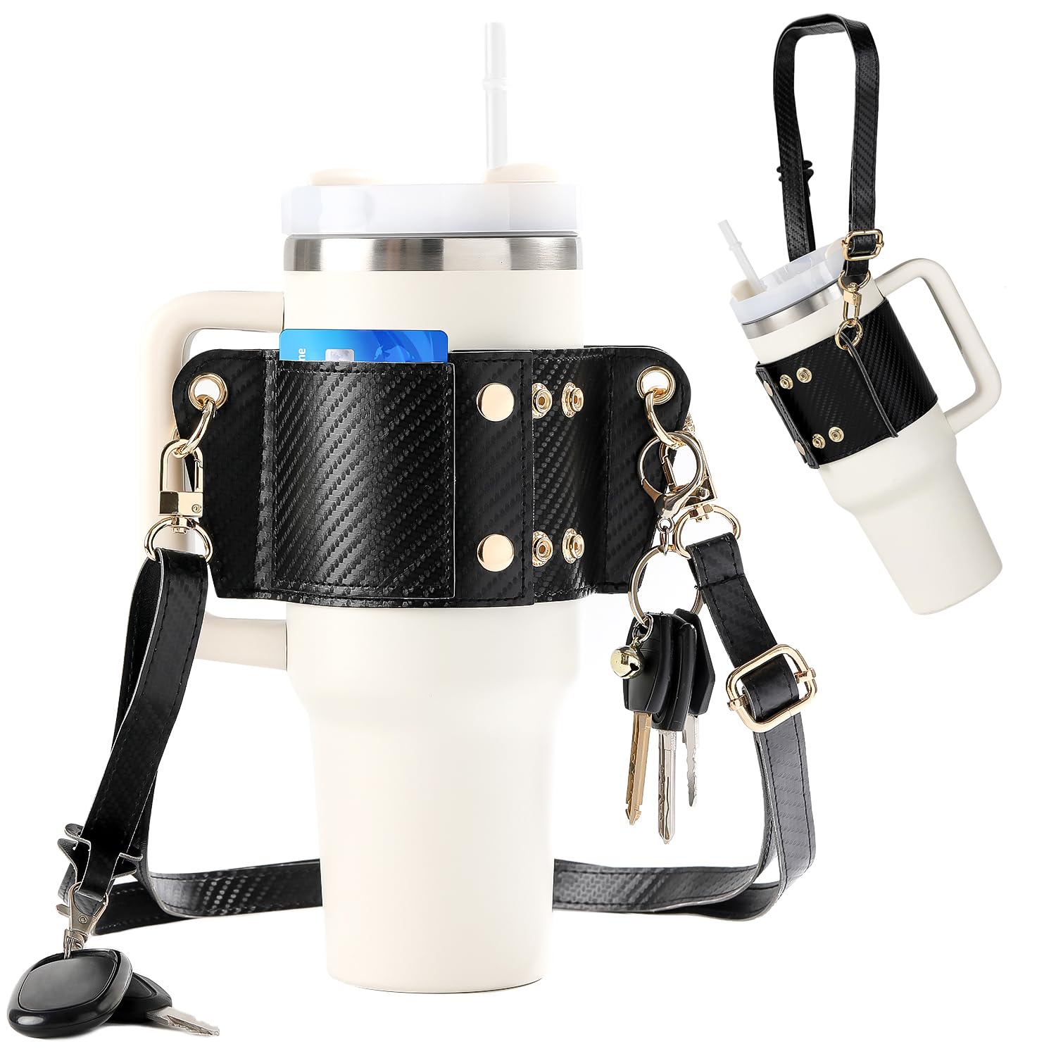 Imcrasy Leather Water Bottle Holder with Strap Compatible with Stanley 30oz & 40oz Tumbler with Handle | Stanley Cup Accessories | Water Bottle Carrier with Card Holder & Keyring