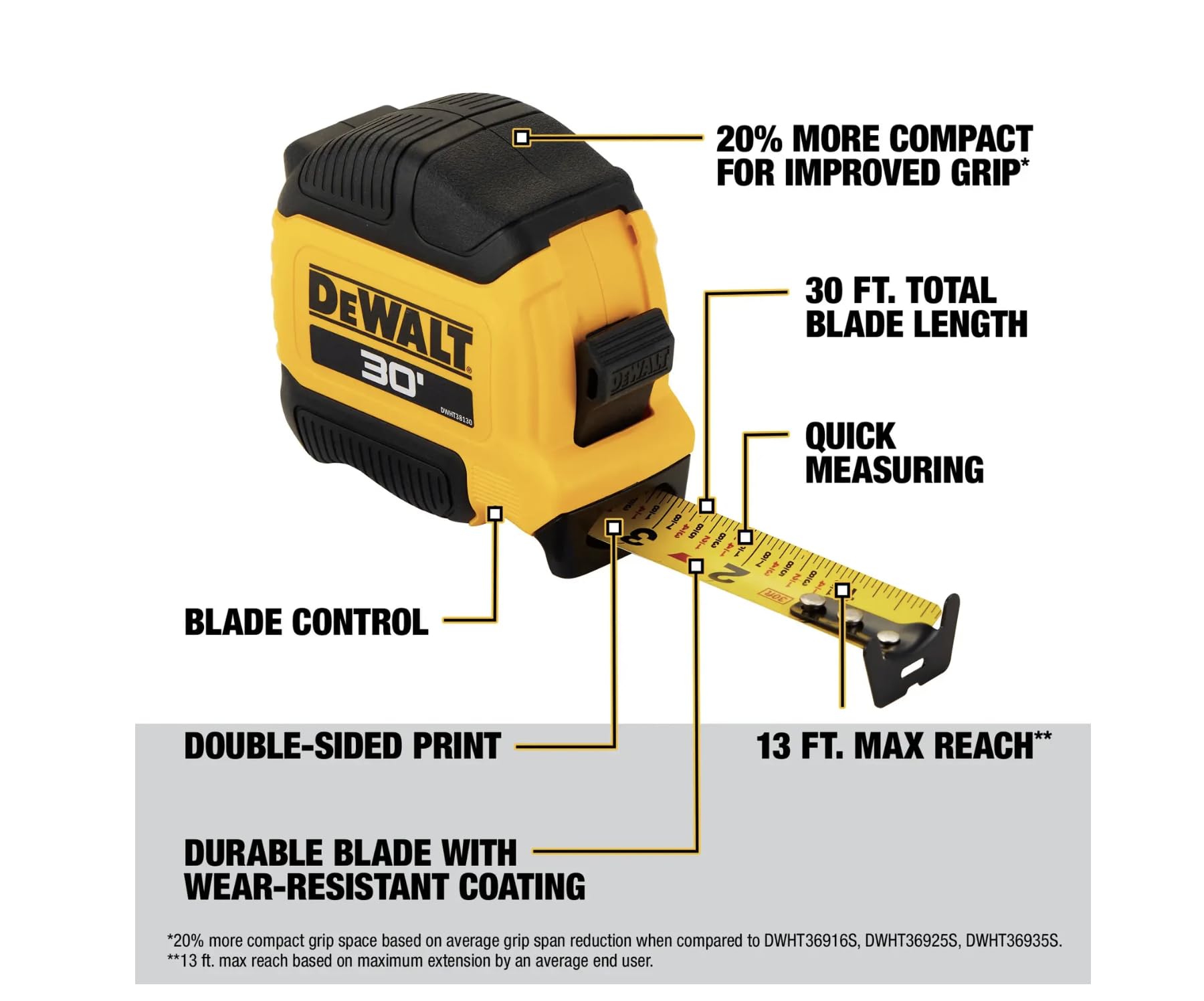 DEWALT, DWHT38130S, Atomic Compact Series, Cinta métrica de 9 m