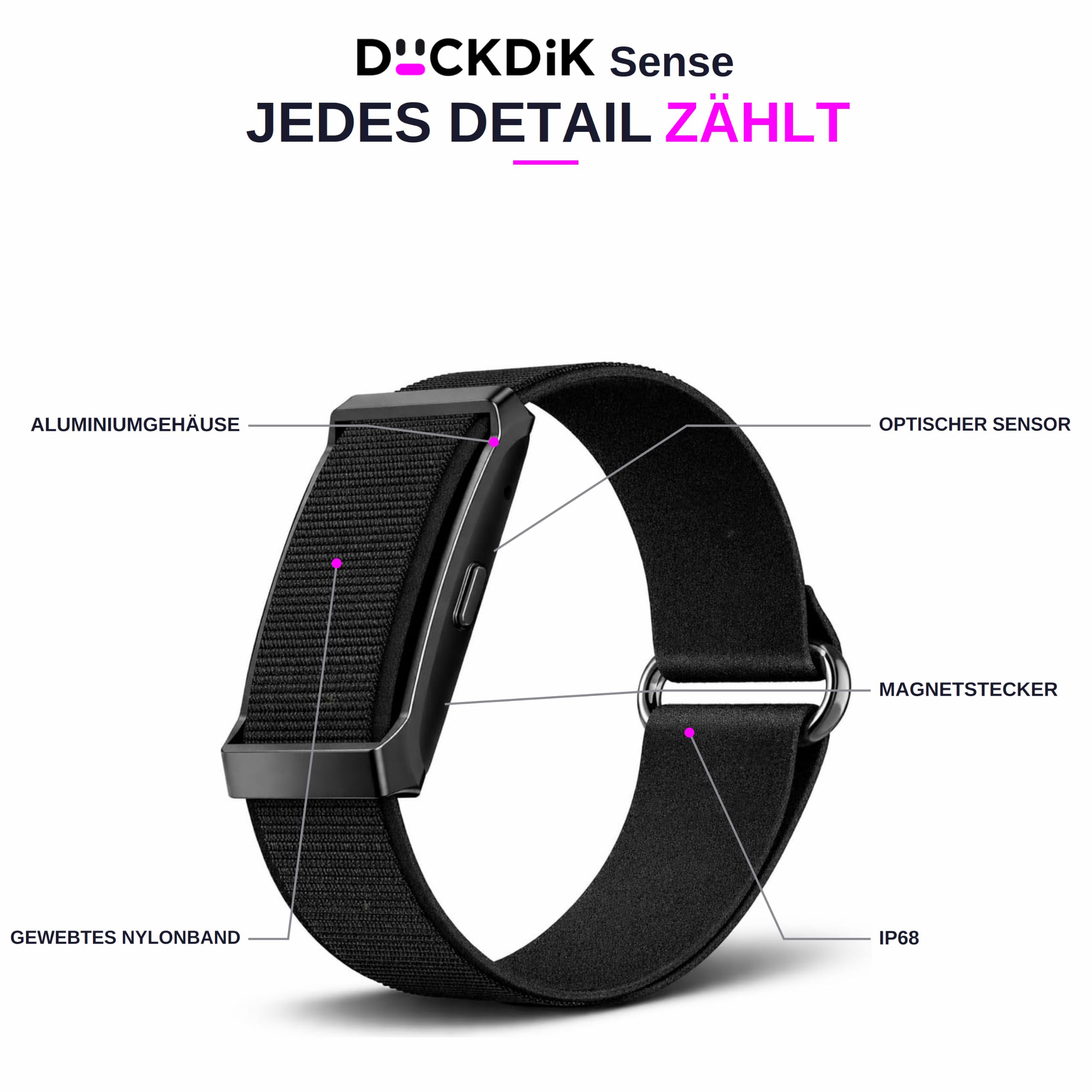 Sense Smartband ohne Display Damen Herren, Entwickelt in Spanien, KI-Coach, Schlaf Energie Erholung, Herzfrequenz 24/7 HRV SPO₂, IP68, Akku +45 Tage, Ohne ABO, Schwarz