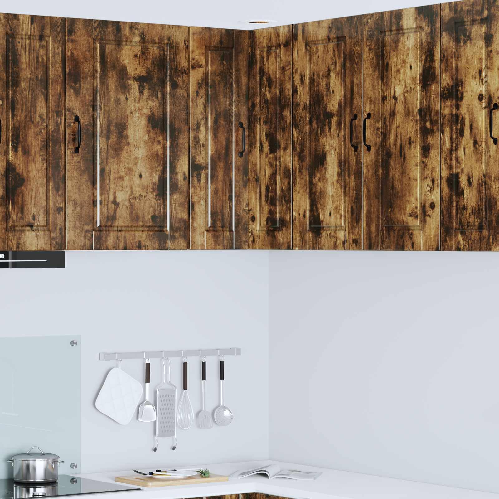 Armario esquinero Porto de pared de roble ahumado, 57 x 57 x 80 cm, 2 puertas, 3 estantes, armario colgante, armario de cocina, armario de almacenamiento
