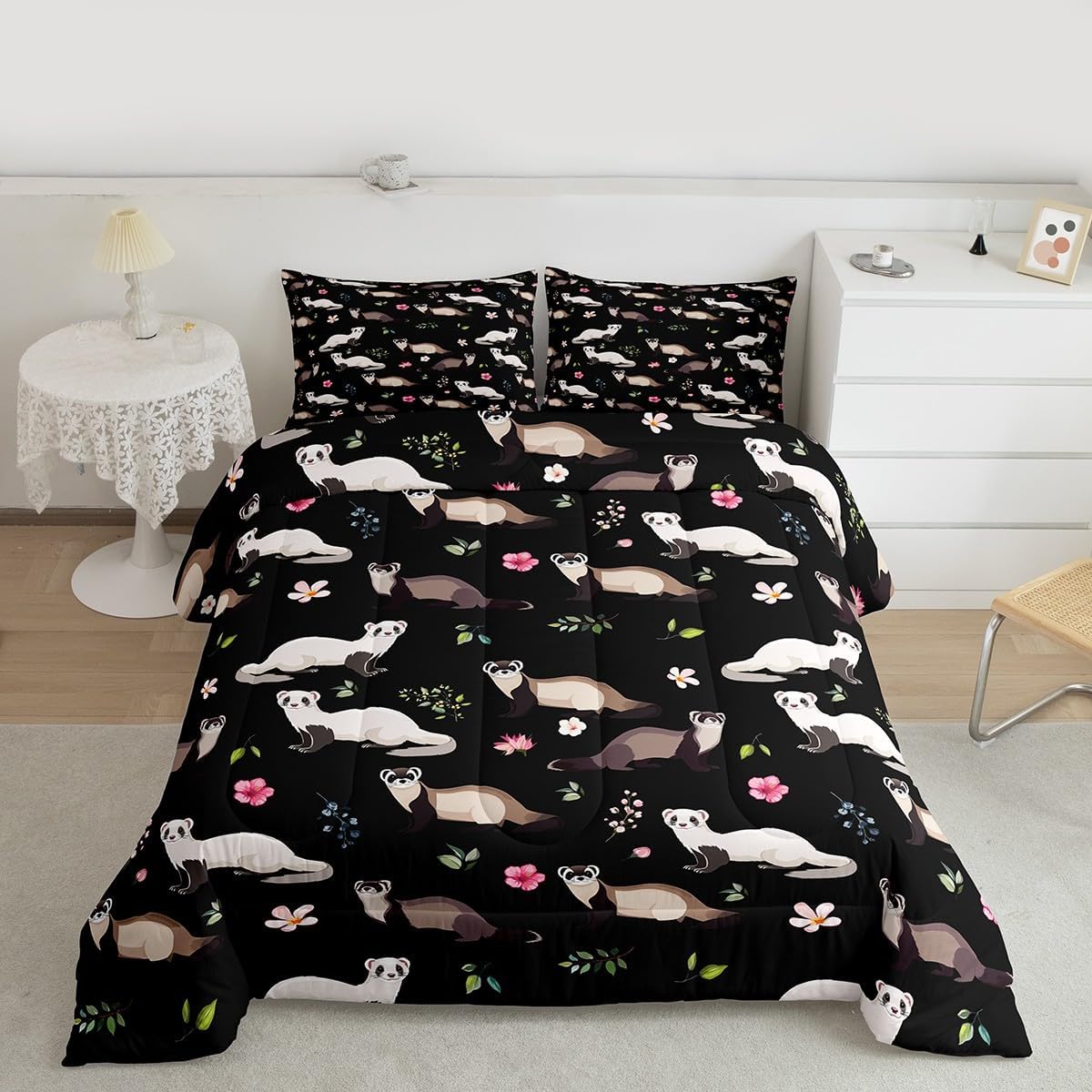 Cute Ferret Comforter Full Pink Cherry Blossoms Bedding Set for Girls Women, White Brown Ferrets Bedding Comforter Sets Chic Flower Floral Bed Set, Black Green Bedding Comforters & Sets Super Cozy